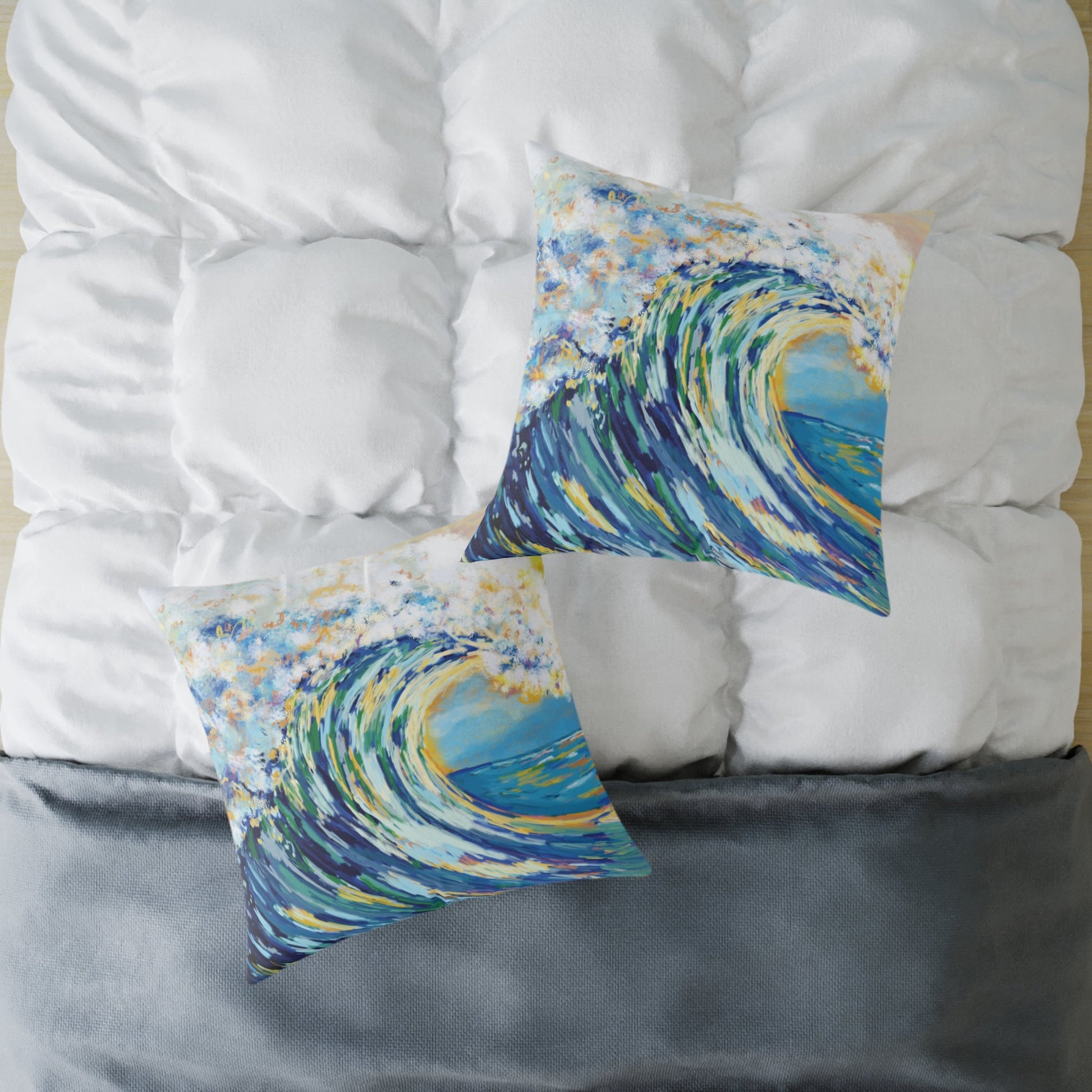 Artistic Ocean Wave Poly Canvas Pillow | Coastal Home Decor - Blue Cava
