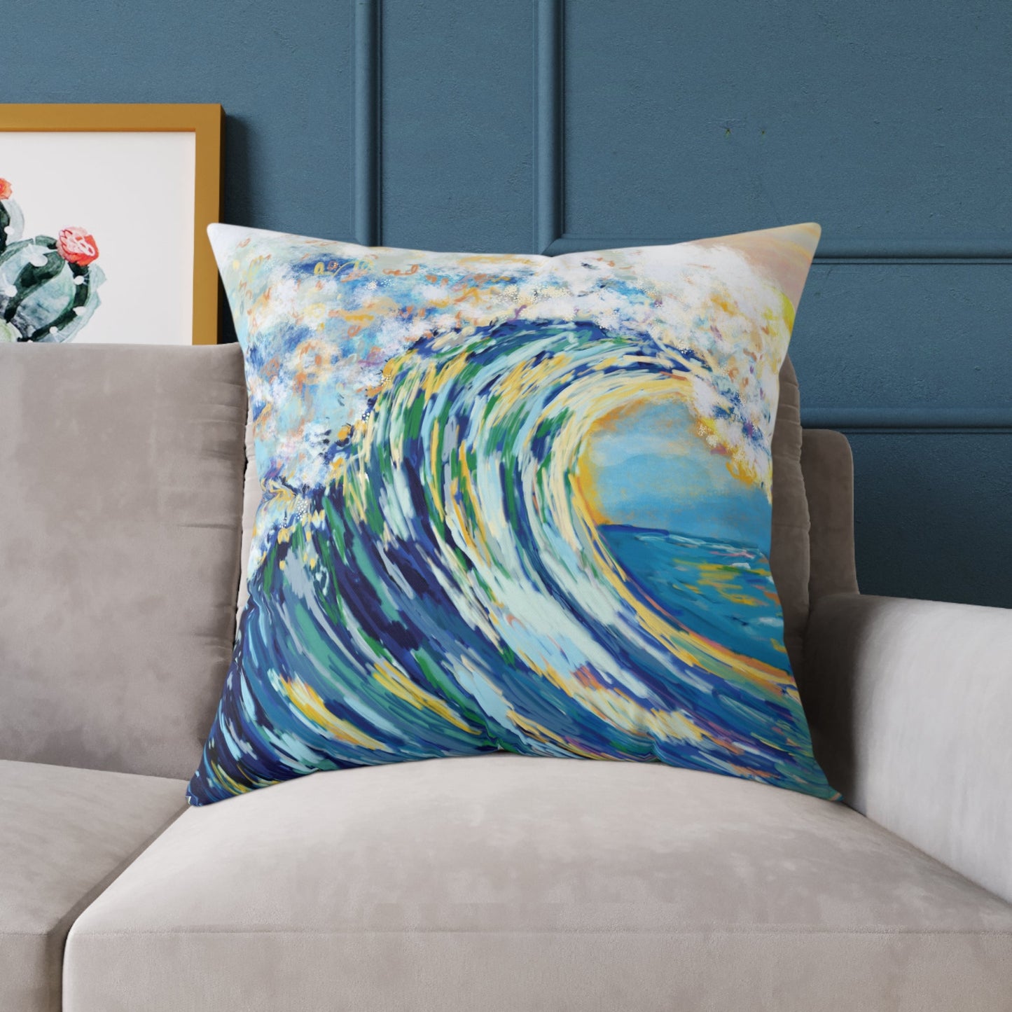 Artistic Ocean Wave Poly Canvas Pillow | Coastal Home Decor - Blue Cava
