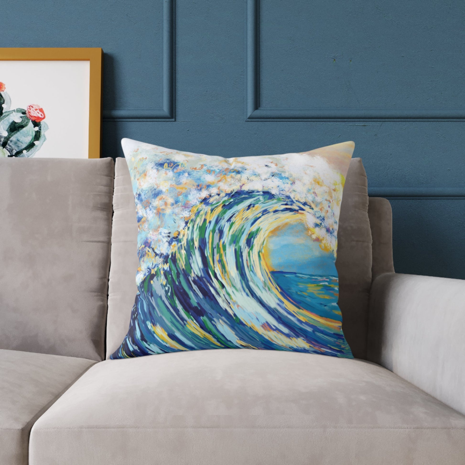 Artistic Ocean Wave Poly Canvas Pillow | Coastal Home Decor - Blue Cava