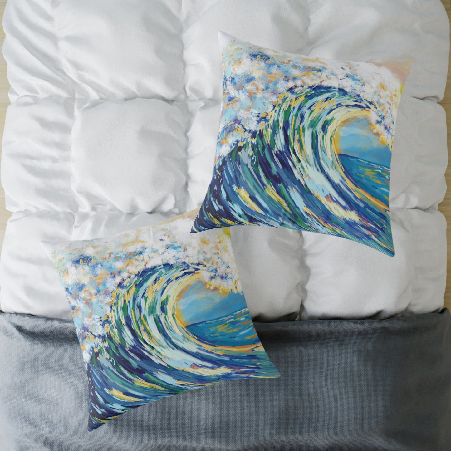 Artistic Ocean Wave Poly Canvas Pillow | Coastal Home Decor - Blue Cava