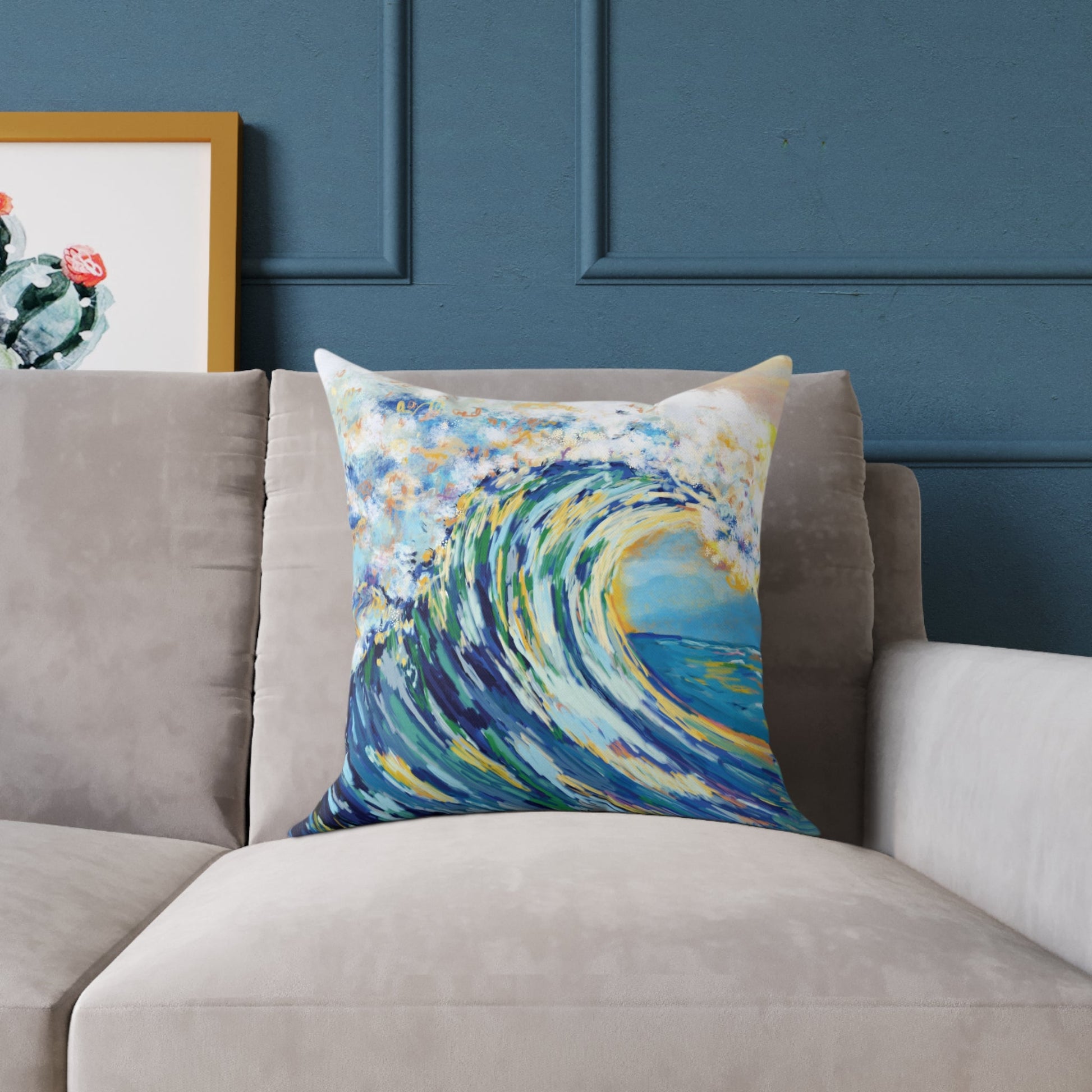 Artistic Ocean Wave Poly Canvas Pillow | Coastal Home Decor - Blue Cava