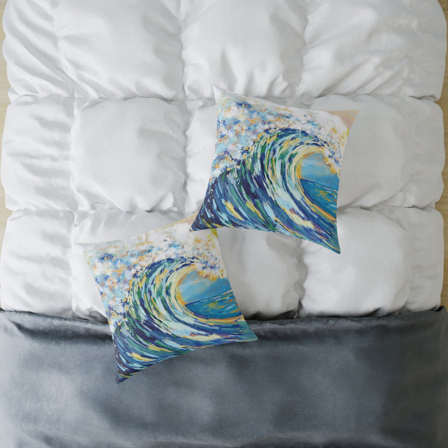 Artistic Ocean Wave Poly Canvas Pillow | Coastal Home Decor - Blue Cava