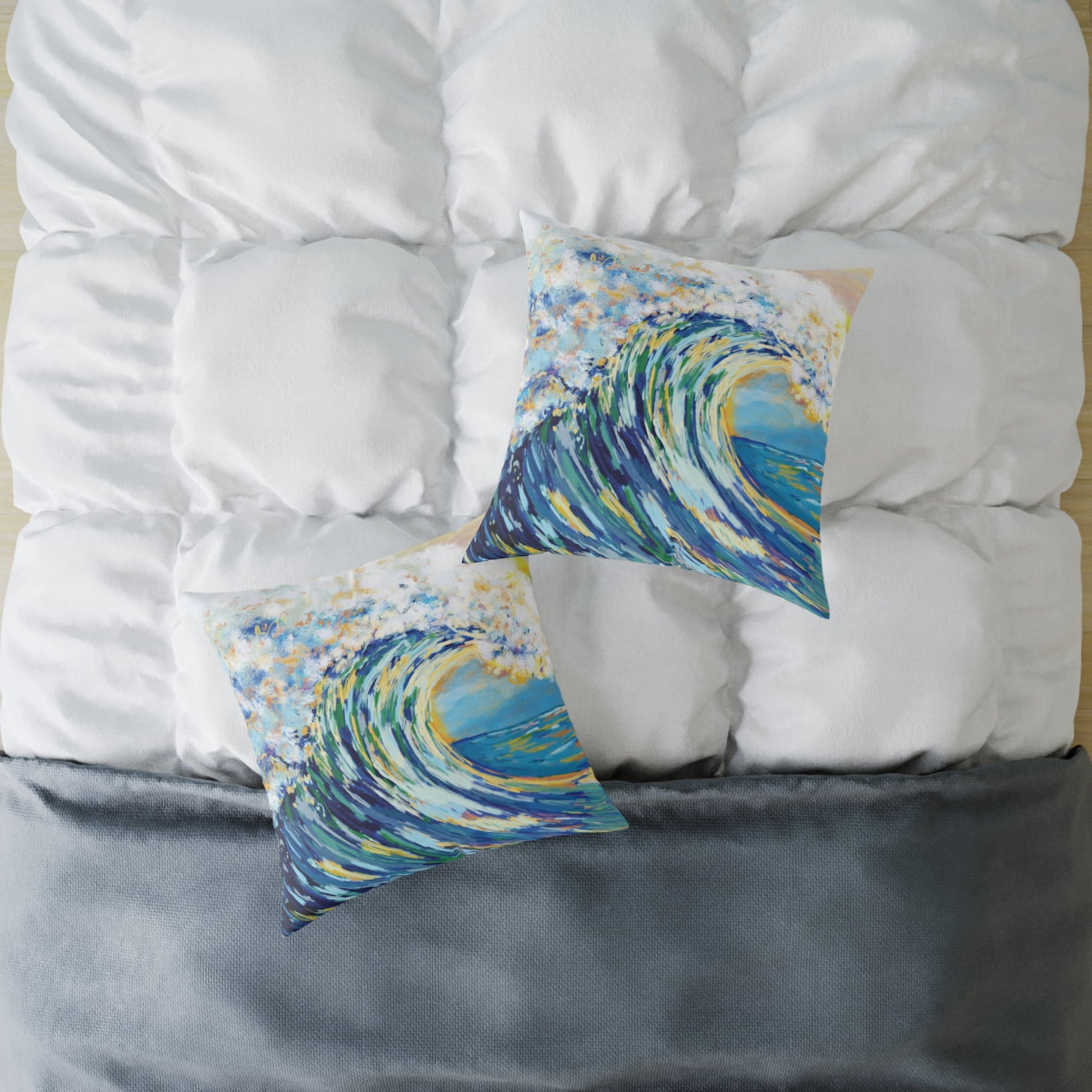 Artistic Ocean Wave Poly Canvas Pillow | Coastal Home Decor - Blue Cava