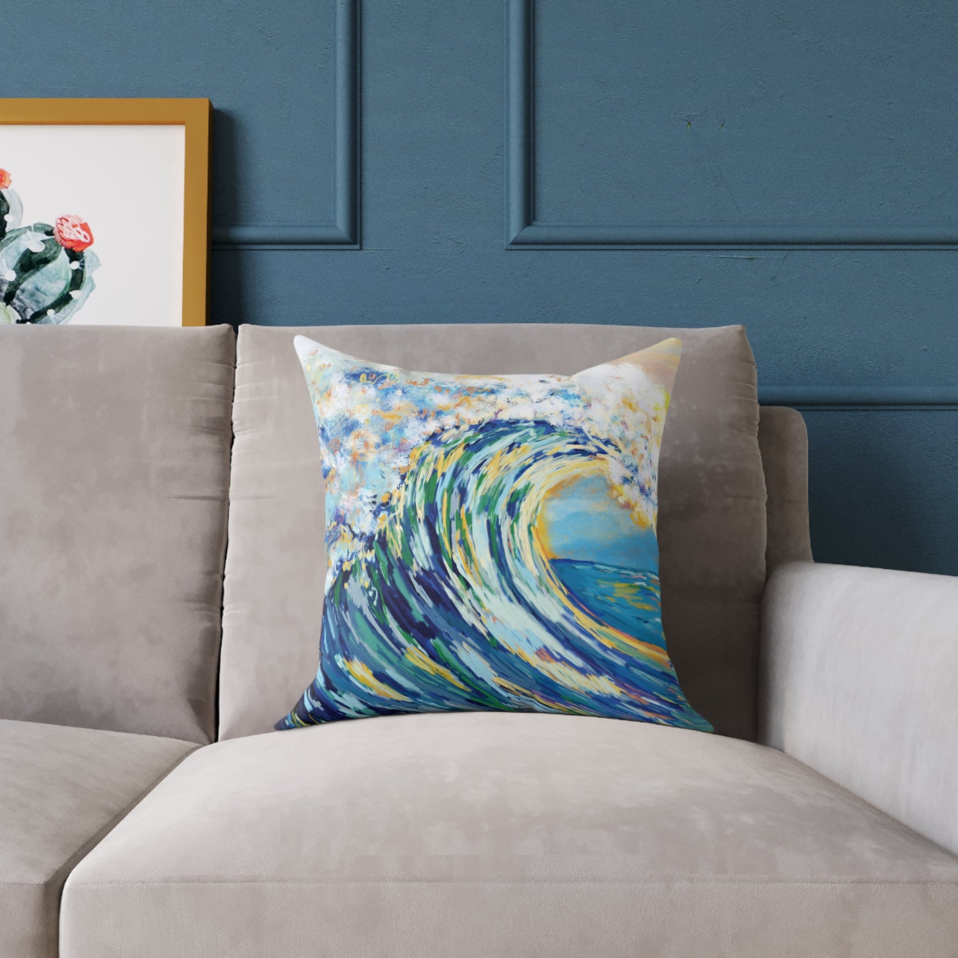 Artistic Ocean Wave Poly Canvas Pillow | Coastal Home Decor - Blue Cava