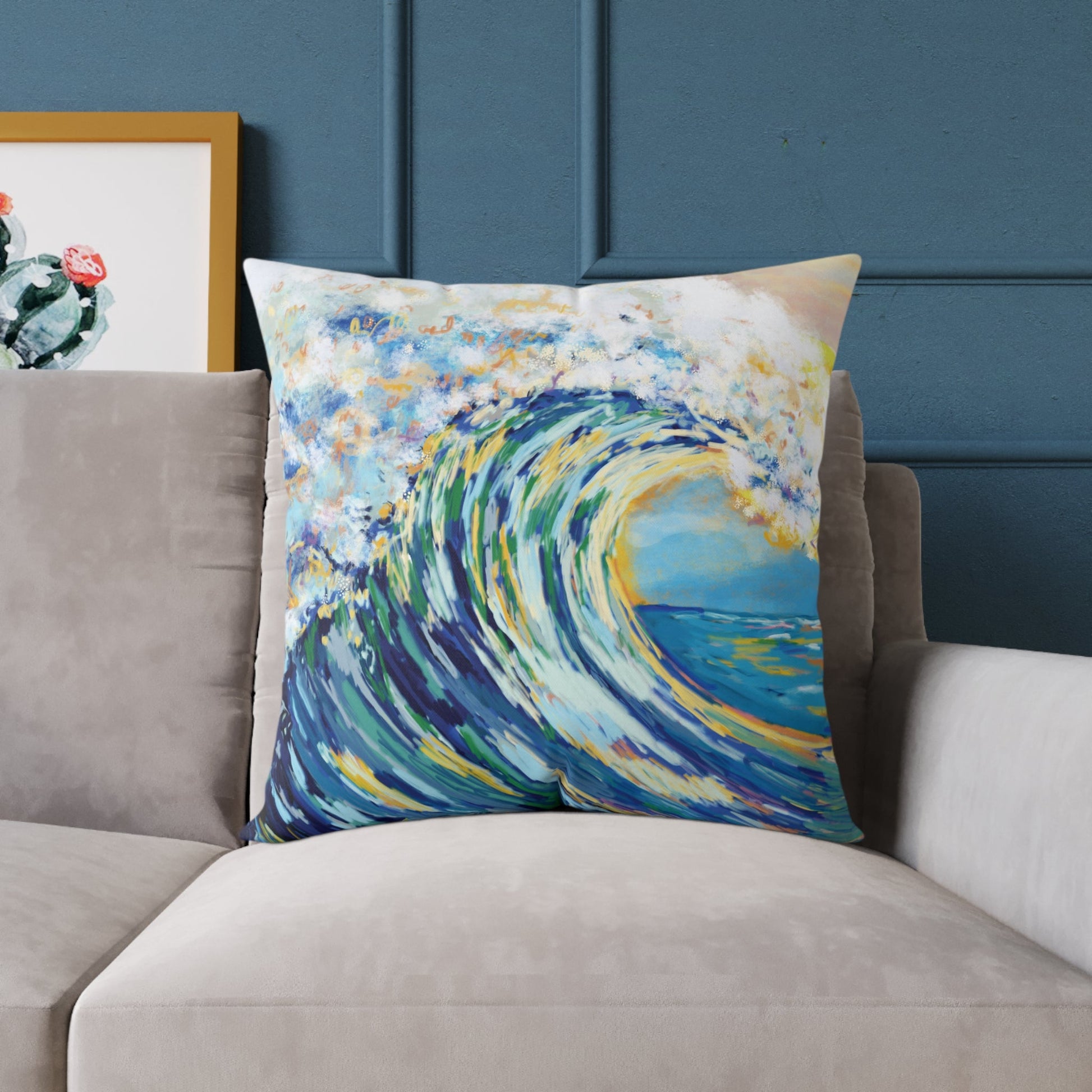 Artistic Ocean Wave Poly Canvas Pillow | Coastal Home Decor - Blue Cava