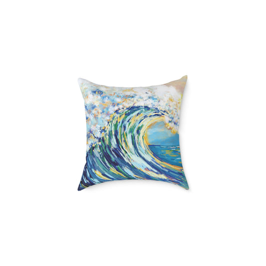 Artistic Ocean Wave Poly Canvas Pillow | Coastal Home Decor - Blue Cava
