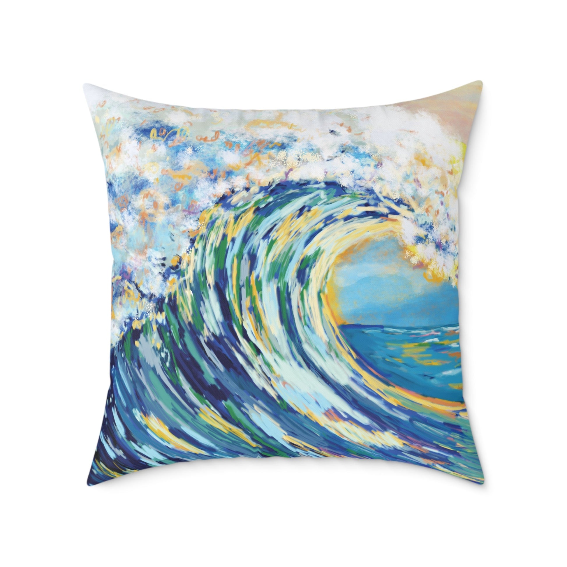 Artistic Ocean Wave Poly Canvas Pillow | Coastal Home Decor - Blue Cava