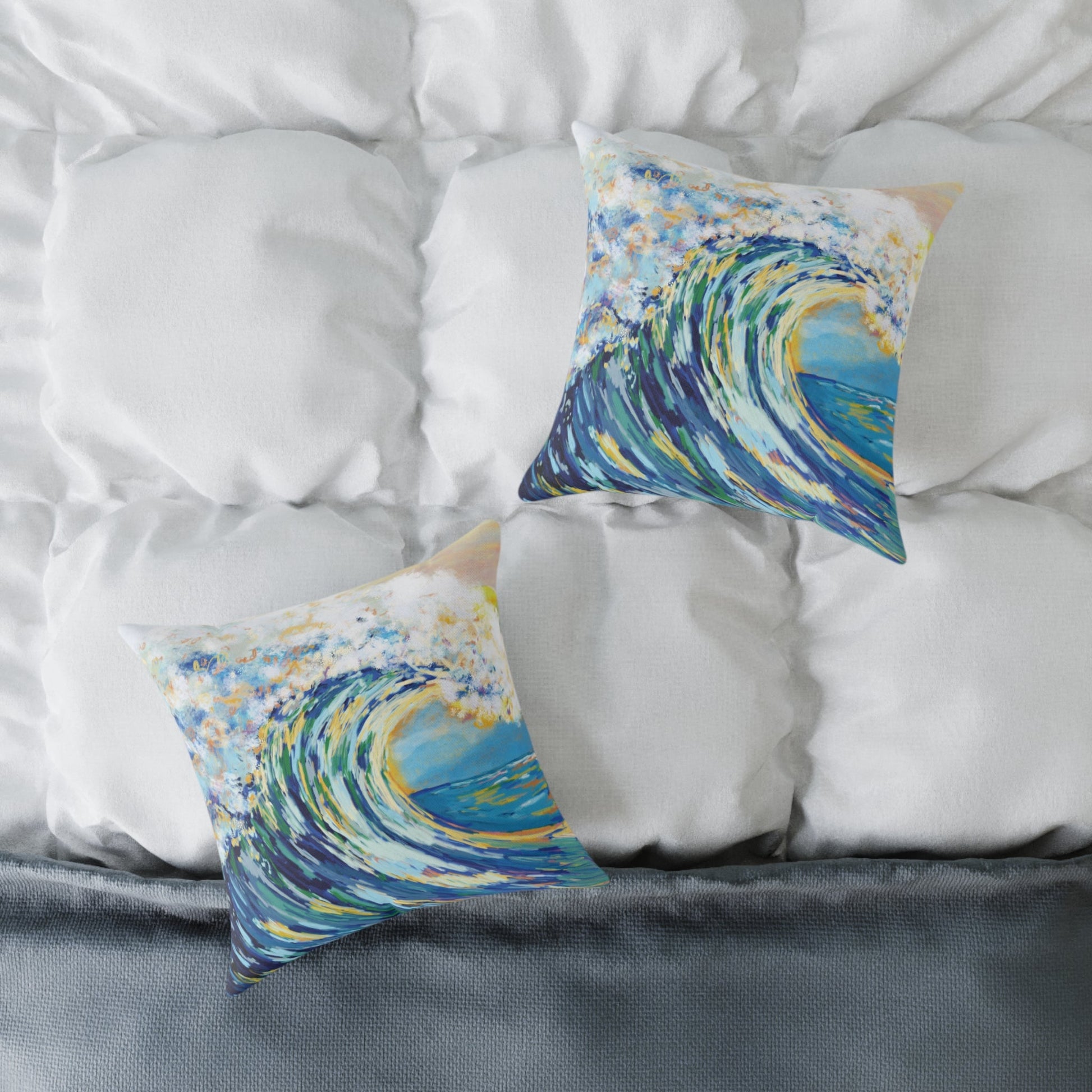 Artistic Ocean Wave Poly Canvas Pillow | Coastal Home Decor - Blue Cava