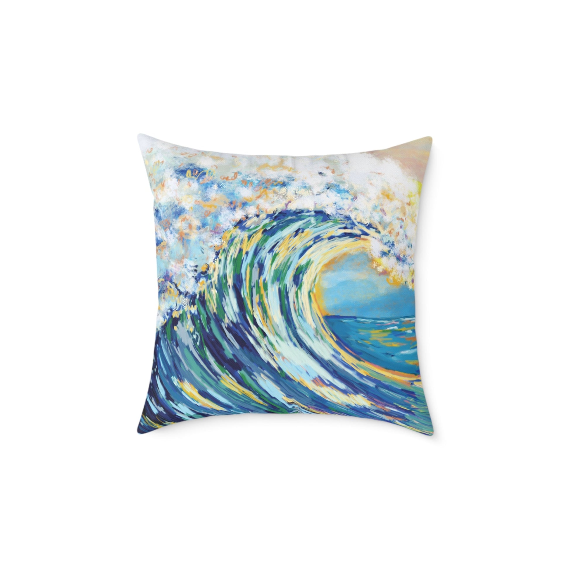 Artistic Ocean Wave Poly Canvas Pillow | Coastal Home Decor - Blue Cava