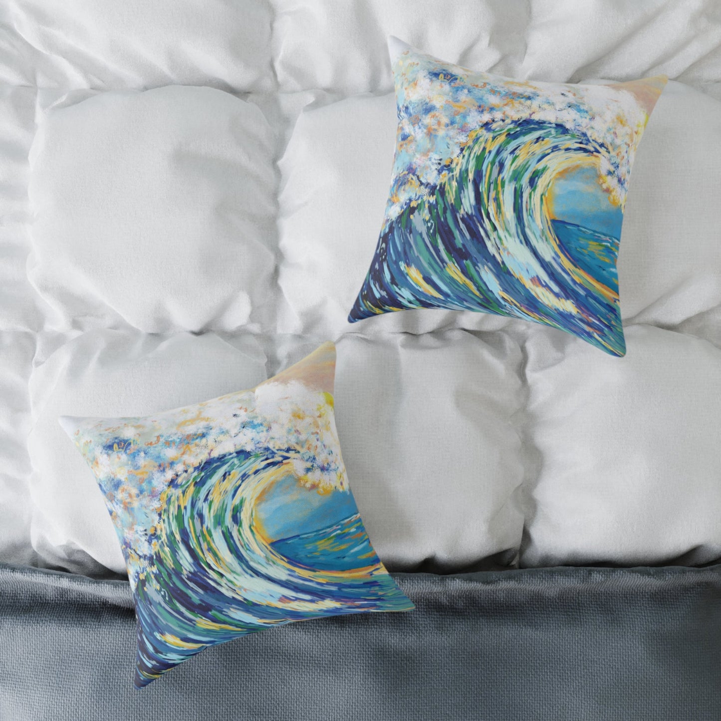 Artistic Ocean Wave Poly Canvas Pillow | Coastal Home Decor - Blue Cava