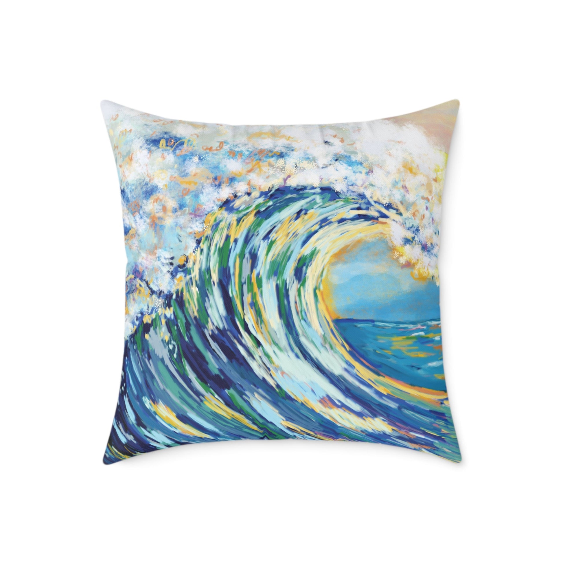 Artistic Ocean Wave Poly Canvas Pillow | Coastal Home Decor - Blue Cava
