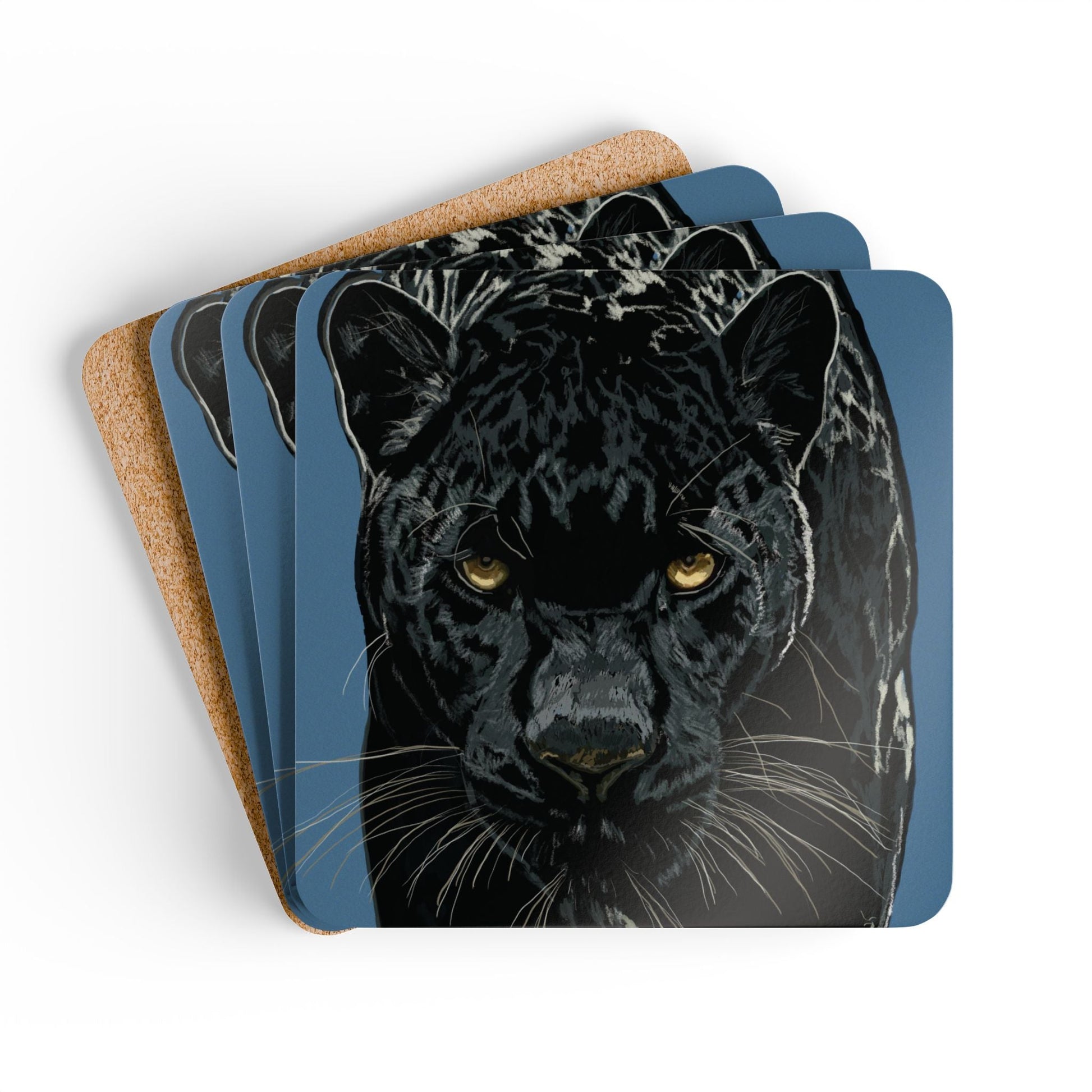 Artistic Panther Corkwood Coaster Set - Nature - Inspired Home Decor - Blue Cava