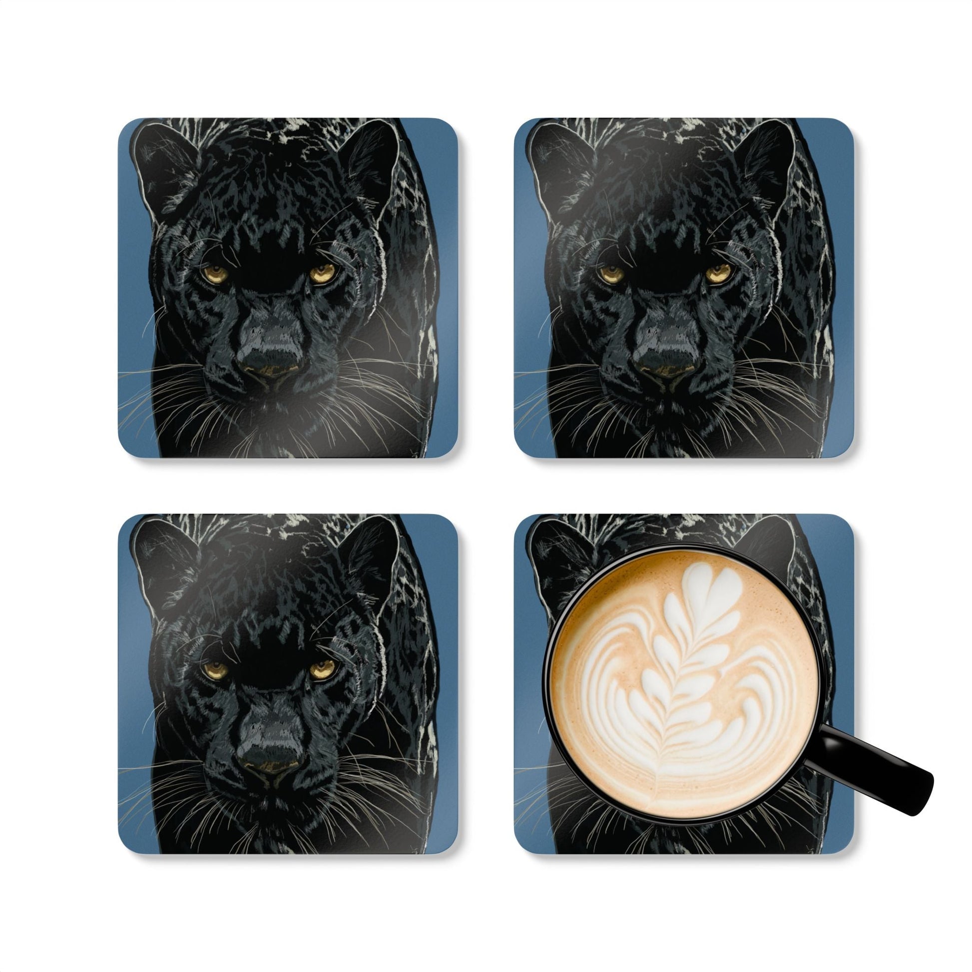 Artistic Panther Corkwood Coaster Set - Nature - Inspired Home Decor - Blue Cava
