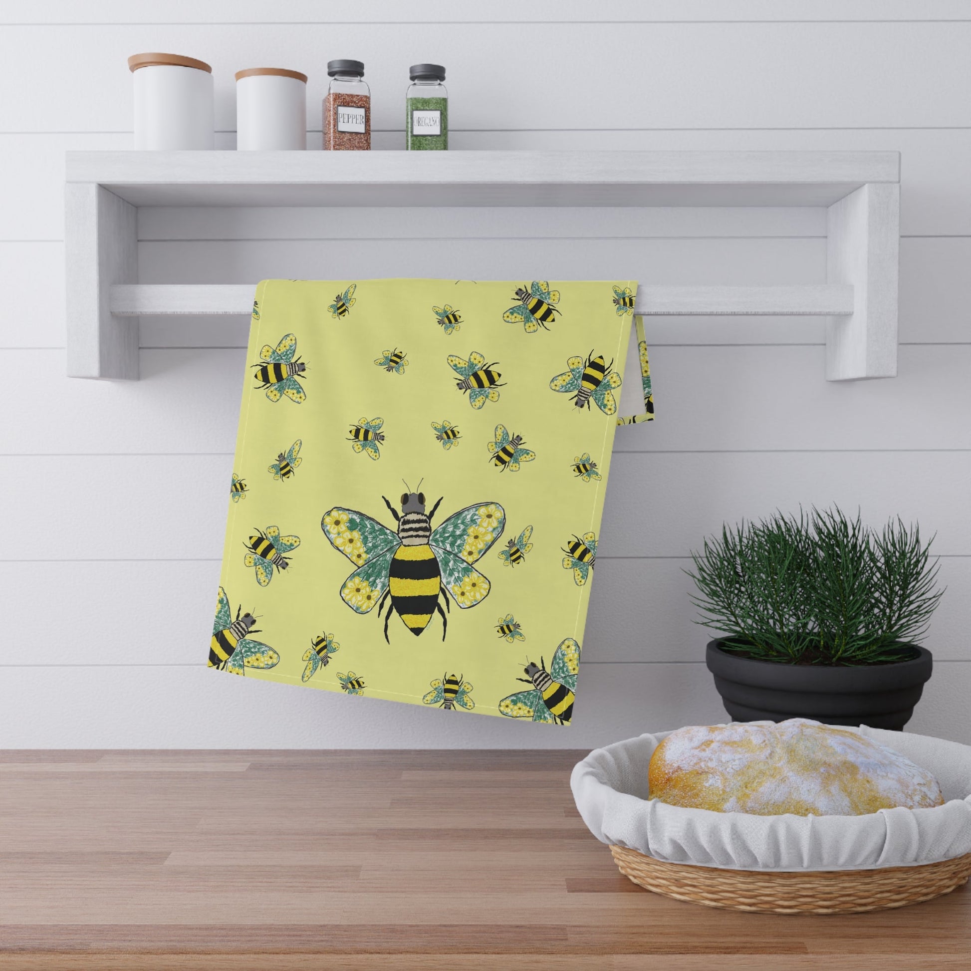 Bee Flower Cotton Kitchen Tea Towels - Blue Cava