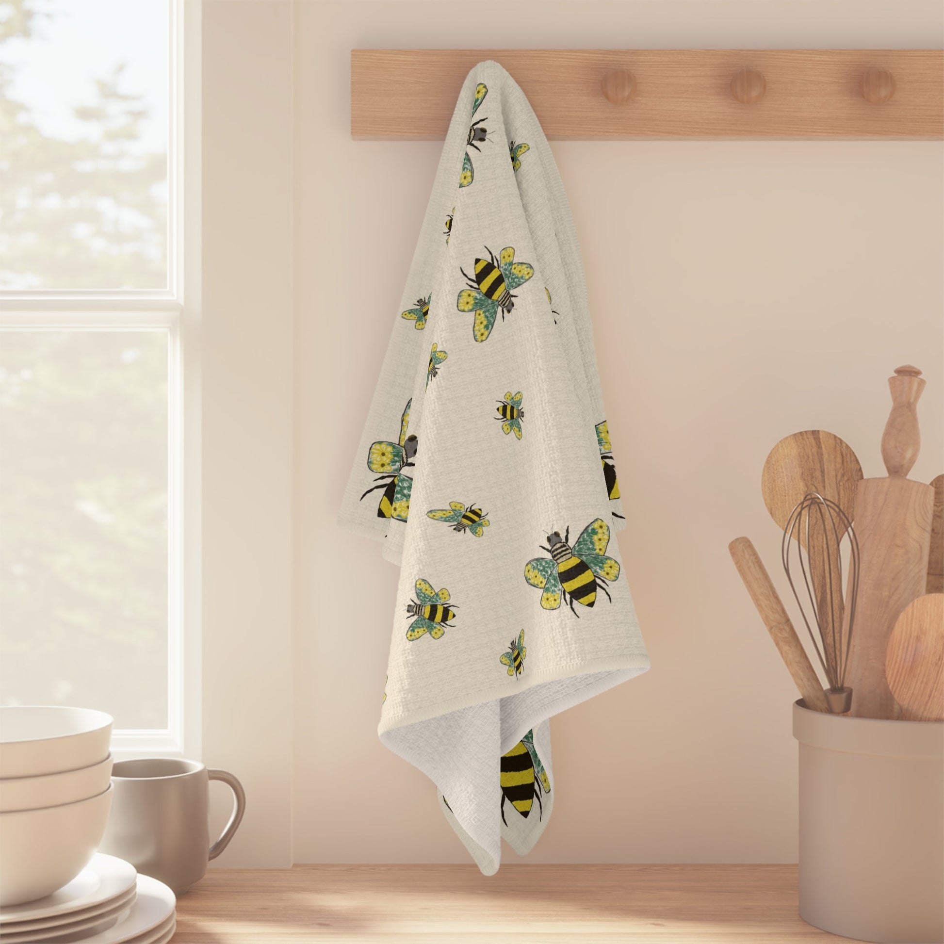Bee Flowers Microfiber Waffle Towel - Blue Cava