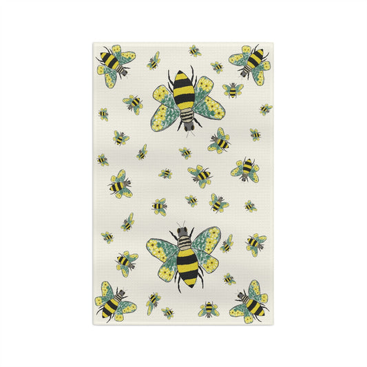 Bee Flowers Microfiber Waffle Towel - Blue Cava