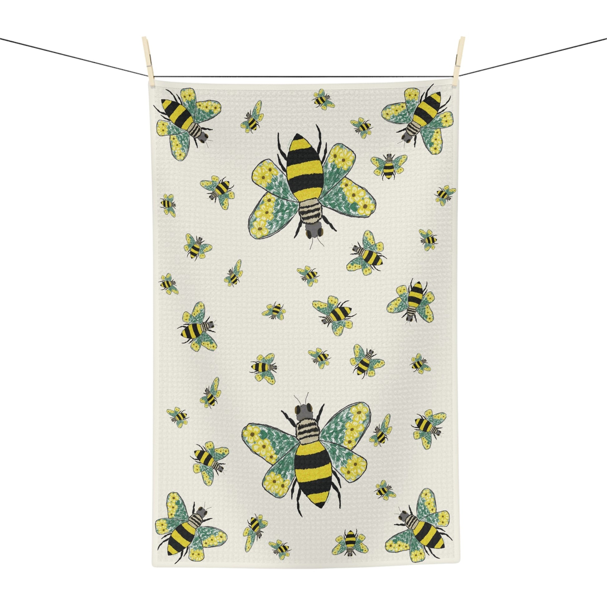 Bee Flowers Microfiber Waffle Towel - Blue Cava