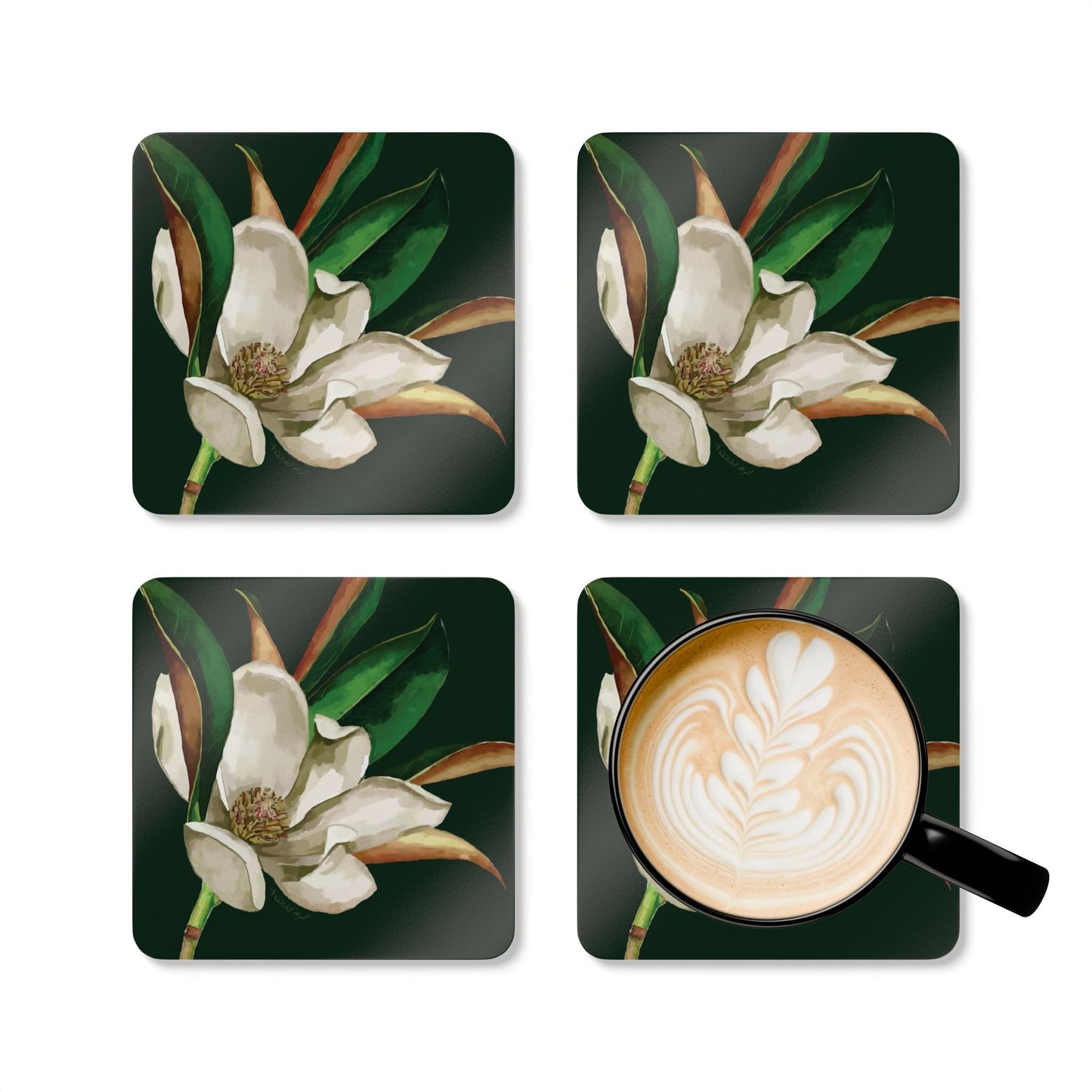 Blooming Magnolia Corkwood Coaster Set - Stylish Home Décor - Blue Cava