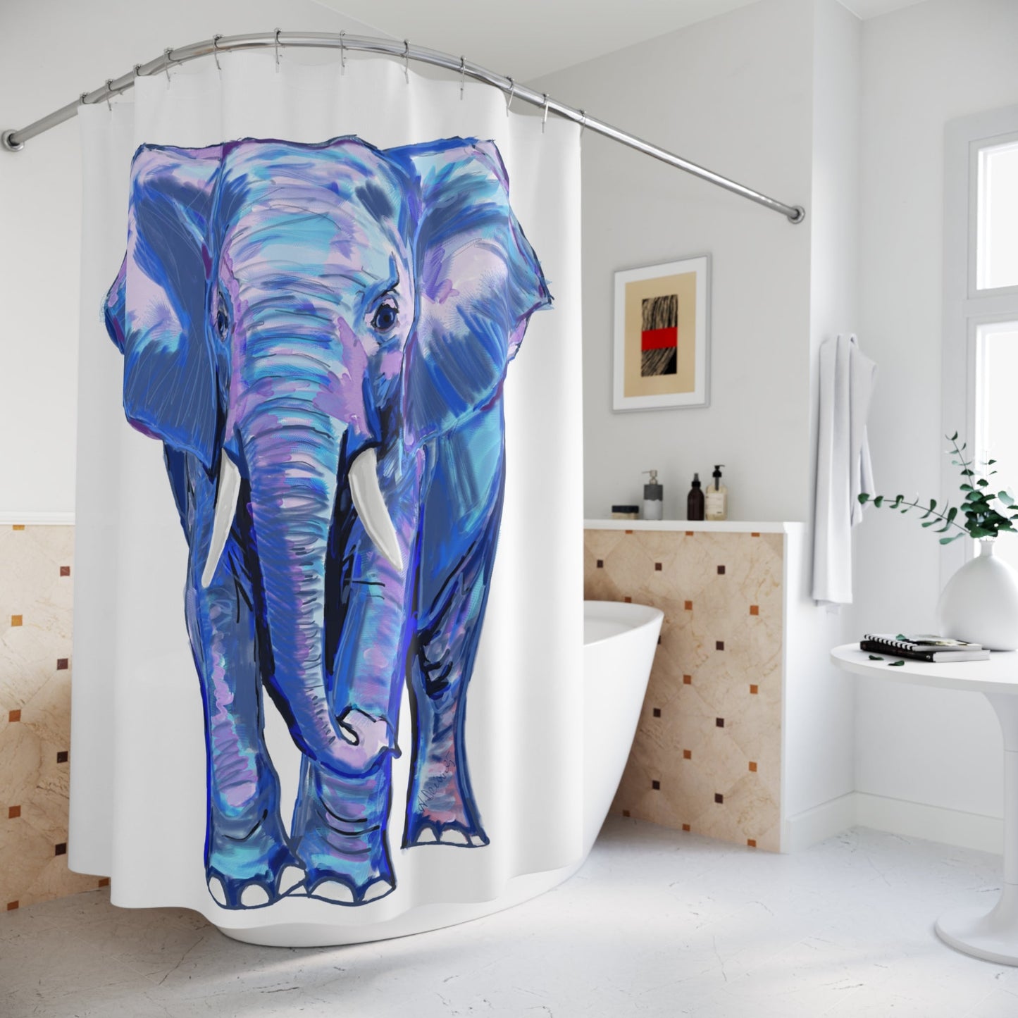 Blue And Pink Elephant Shower Curtain - Blue Cava