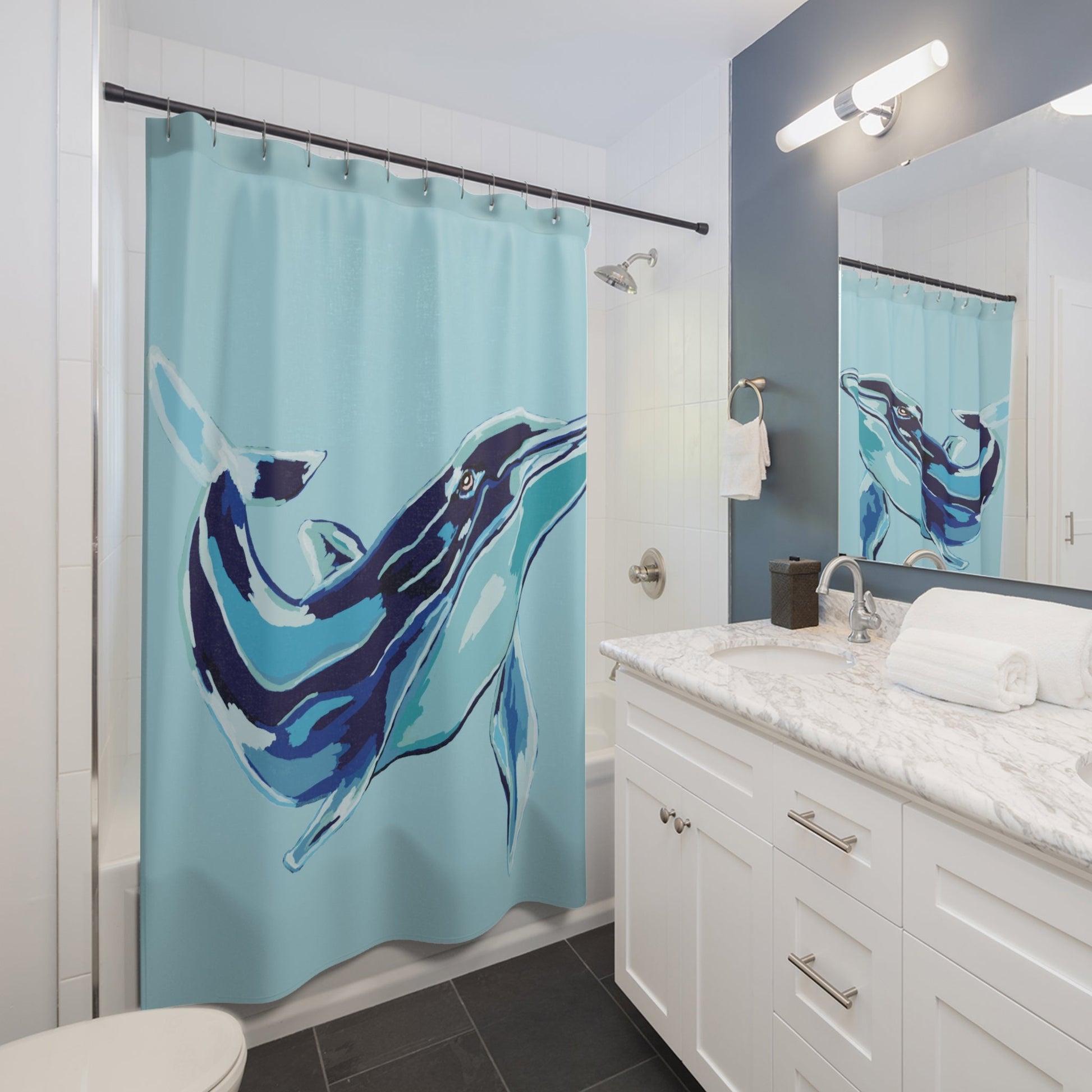 Blue Whale - Coastal Shower Curtain - Blue Cava