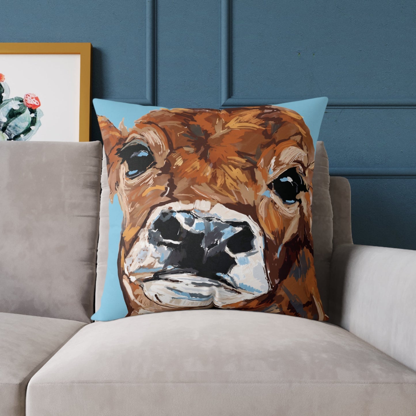 Brown Cow Design Square Poly Canvas Pillow - Farmhouse Decor - Blue Cava