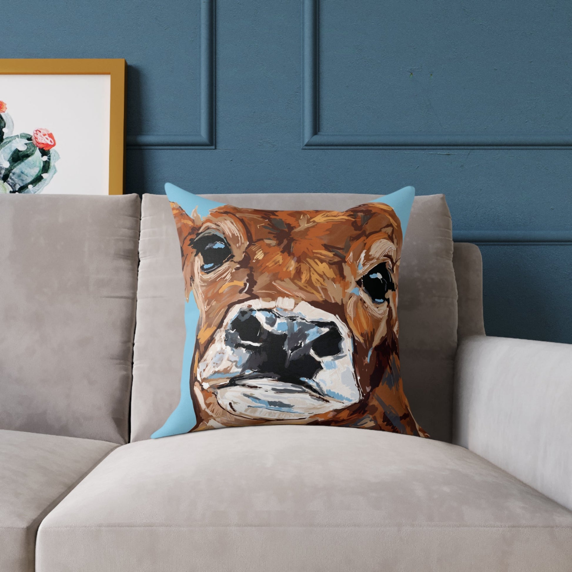 Brown Cow Design Square Poly Canvas Pillow - Farmhouse Decor - Blue Cava