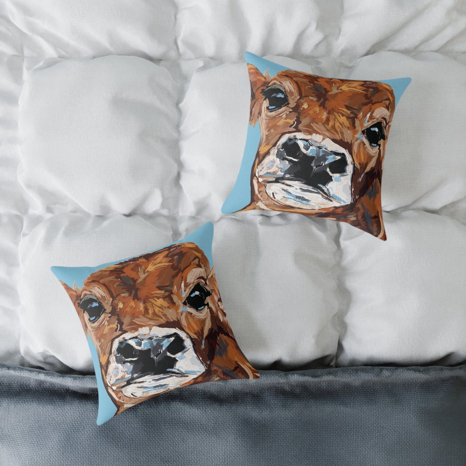 Brown Cow Design Square Poly Canvas Pillow - Farmhouse Decor - Blue Cava