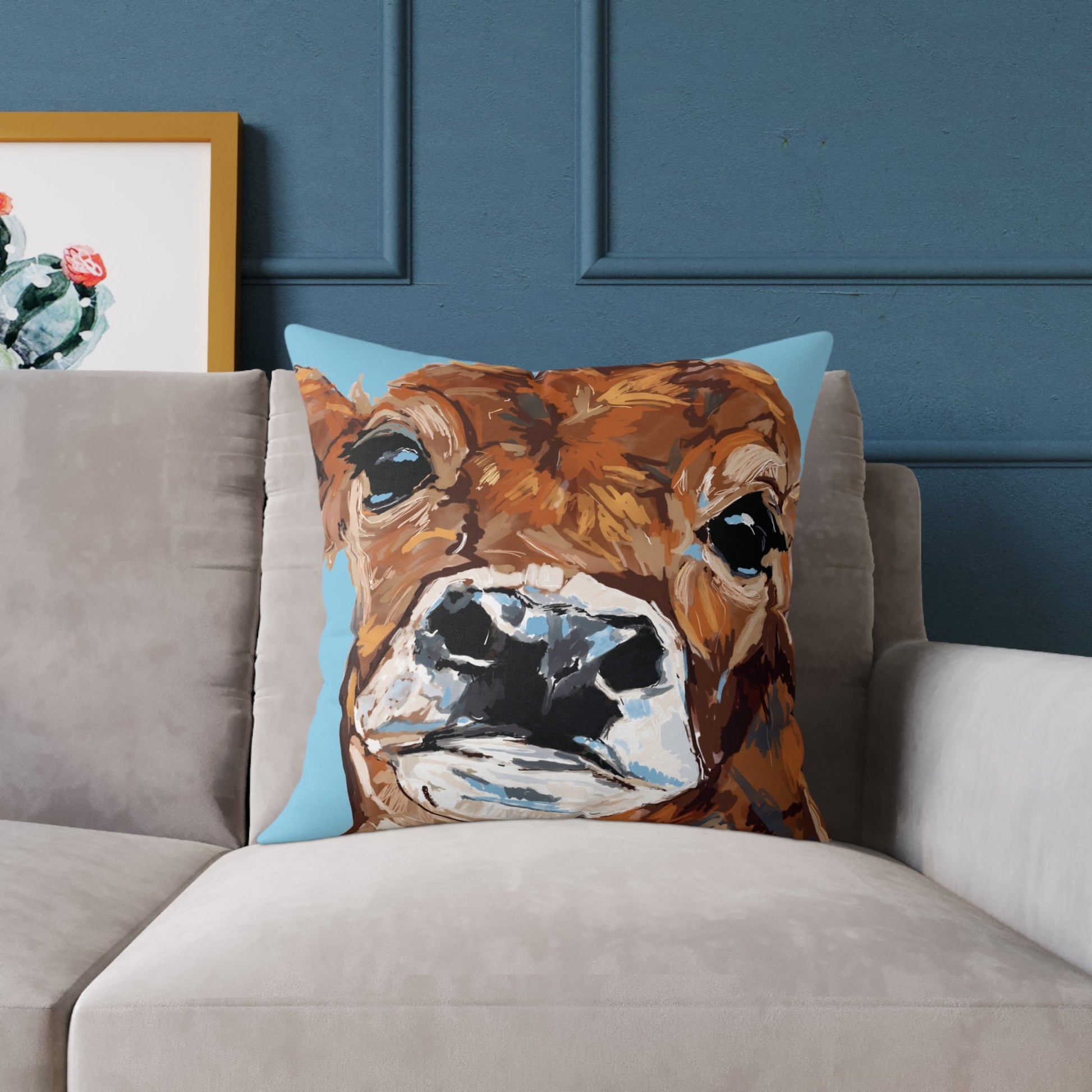 Brown Cow Design Square Poly Canvas Pillow - Farmhouse Decor - Blue Cava