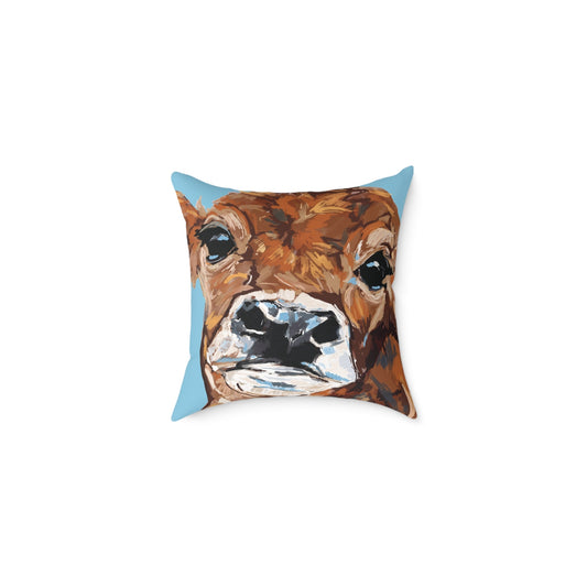 Brown Cow Design Square Poly Canvas Pillow - Farmhouse Decor - Blue Cava