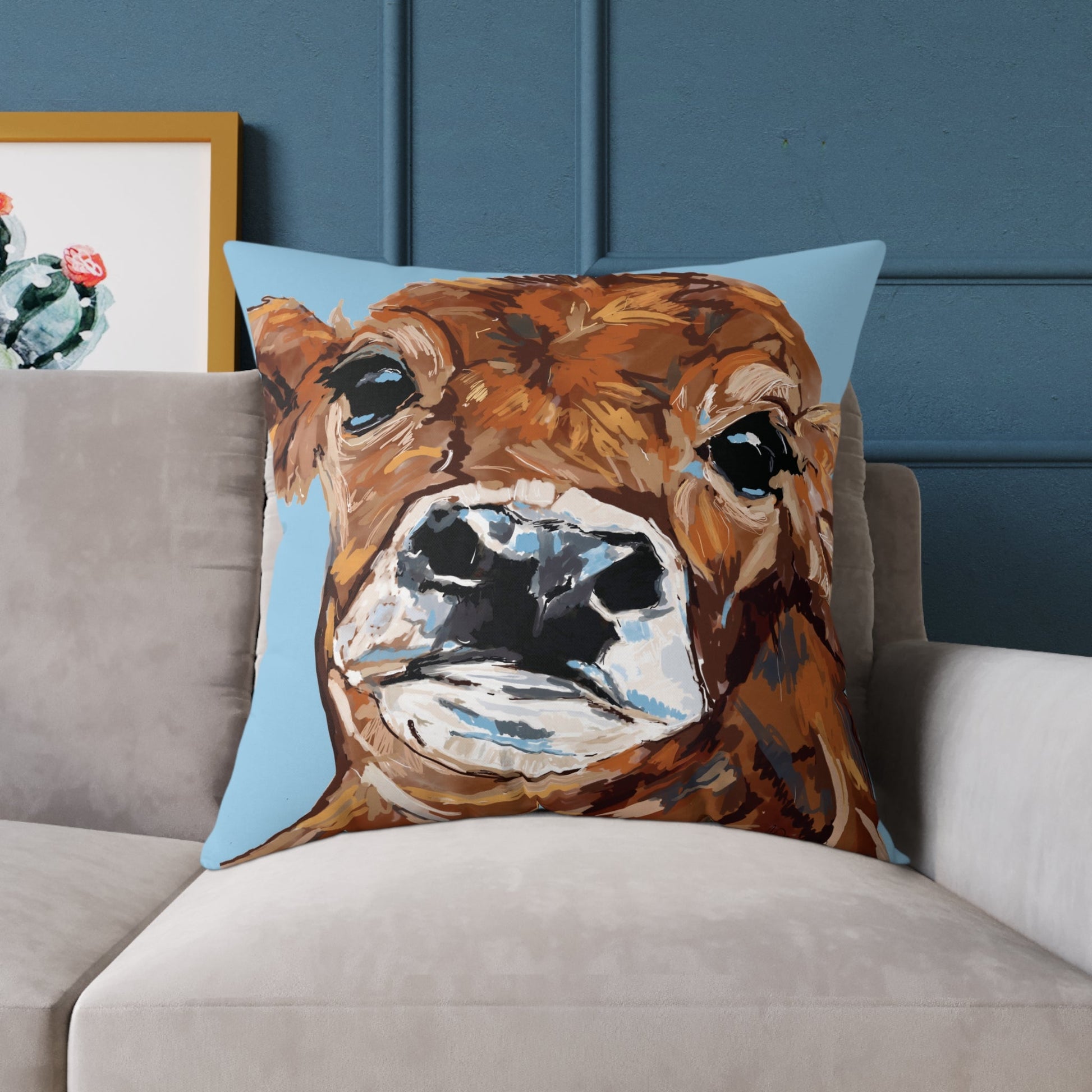 Brown Cow Farmhouse Square Poly Canvas Throw Pillows - Blue Cava
