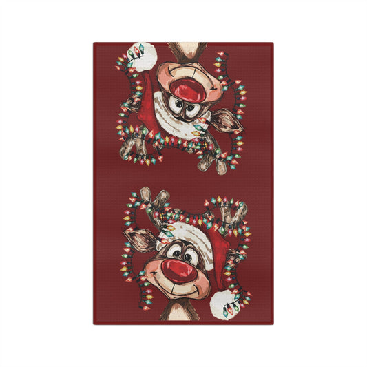 Cheerful Christmas Reindeer Microfiber Waffle Kitchen Towel - Blue Cava