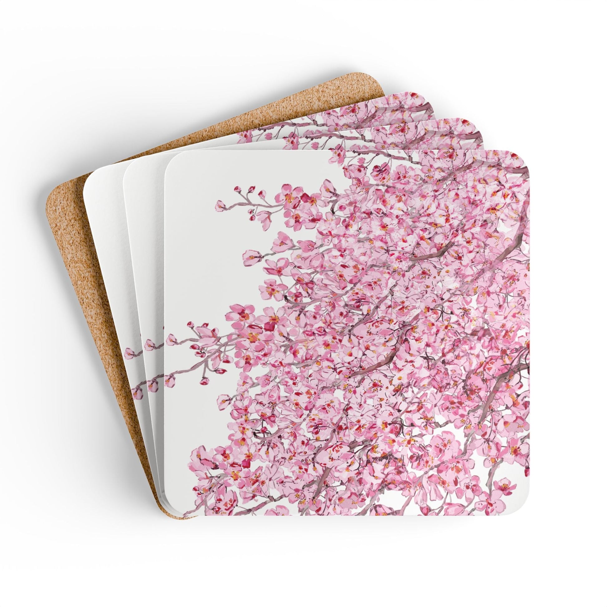 Cherry Blossom Cork Coaster Set - Elegant Drinkware Protection - Blue Cava