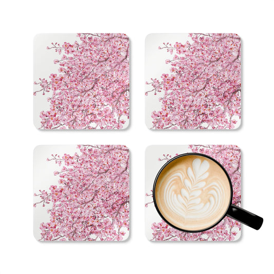 Cherry Blossom Cork Coaster Set - Elegant Drinkware Protection - Blue Cava