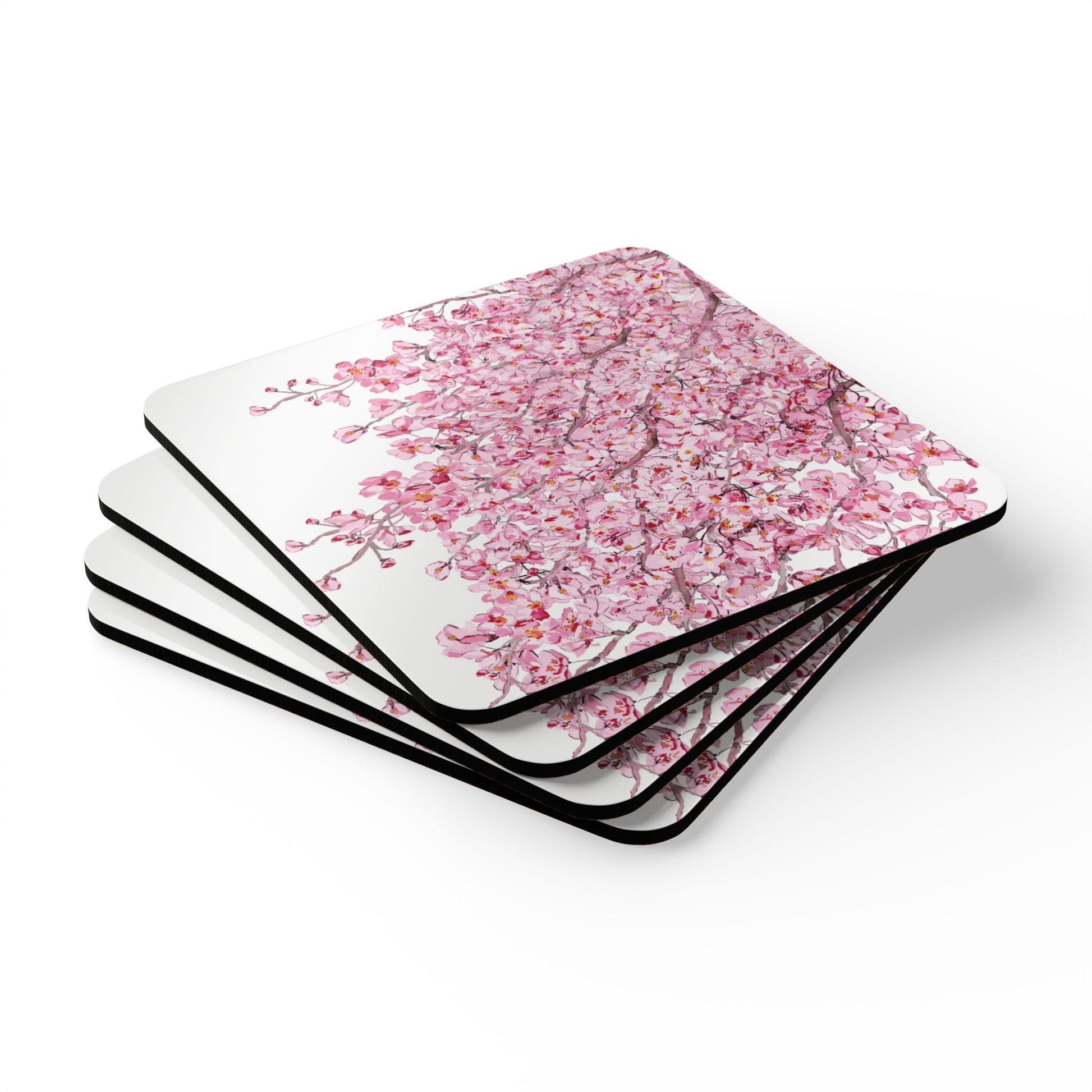 Cherry Blossom Cork Coaster Set - Elegant Drinkware Protection - Blue Cava