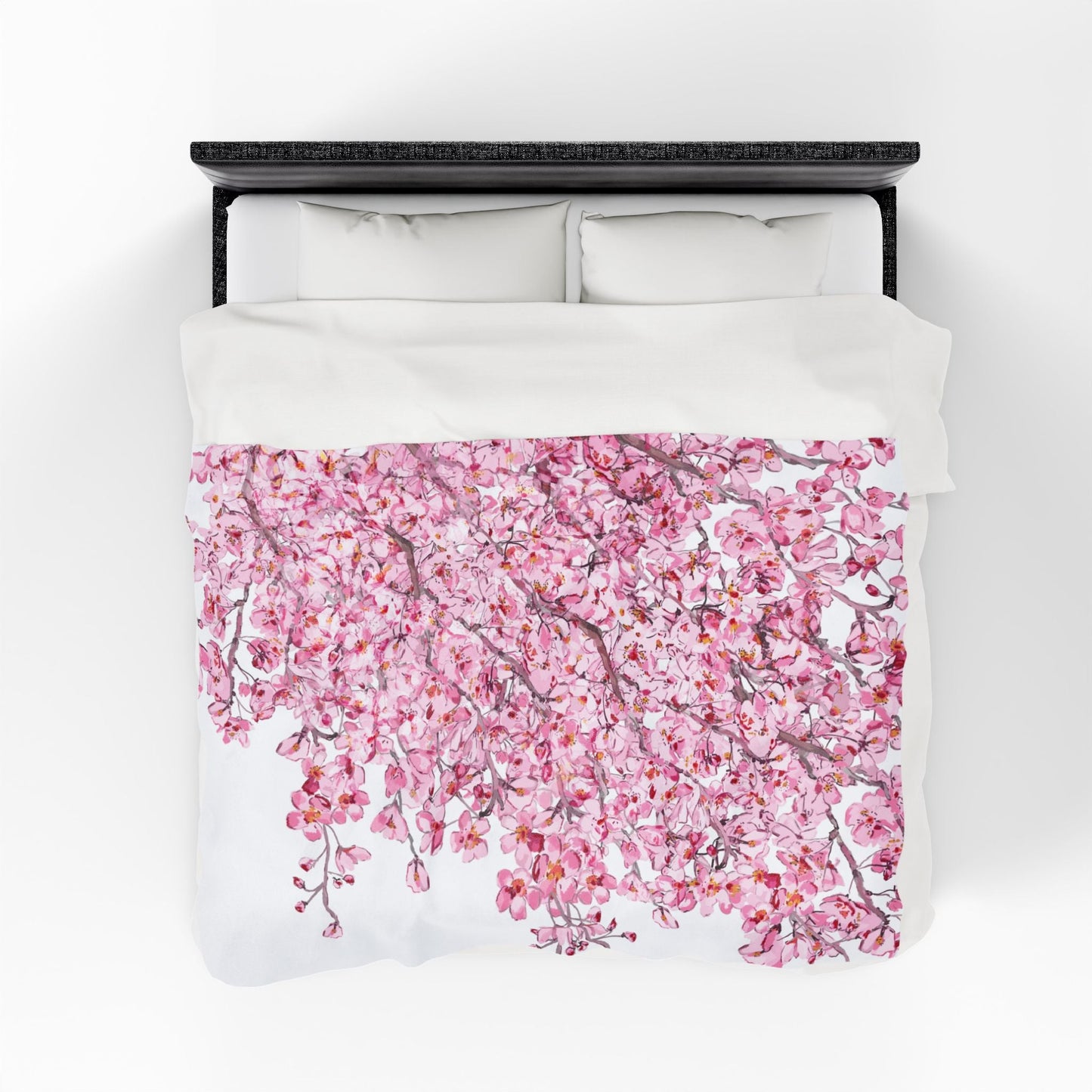 Cherry Blossom Velvet Plush Blankets - Cozy and Elegant Floral Throw - Blue Cava