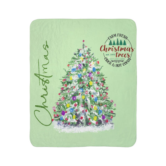 Christmas Tree Farm Fleece Sherpa Blanket - Cozy Holiday Decor - Blue Cava