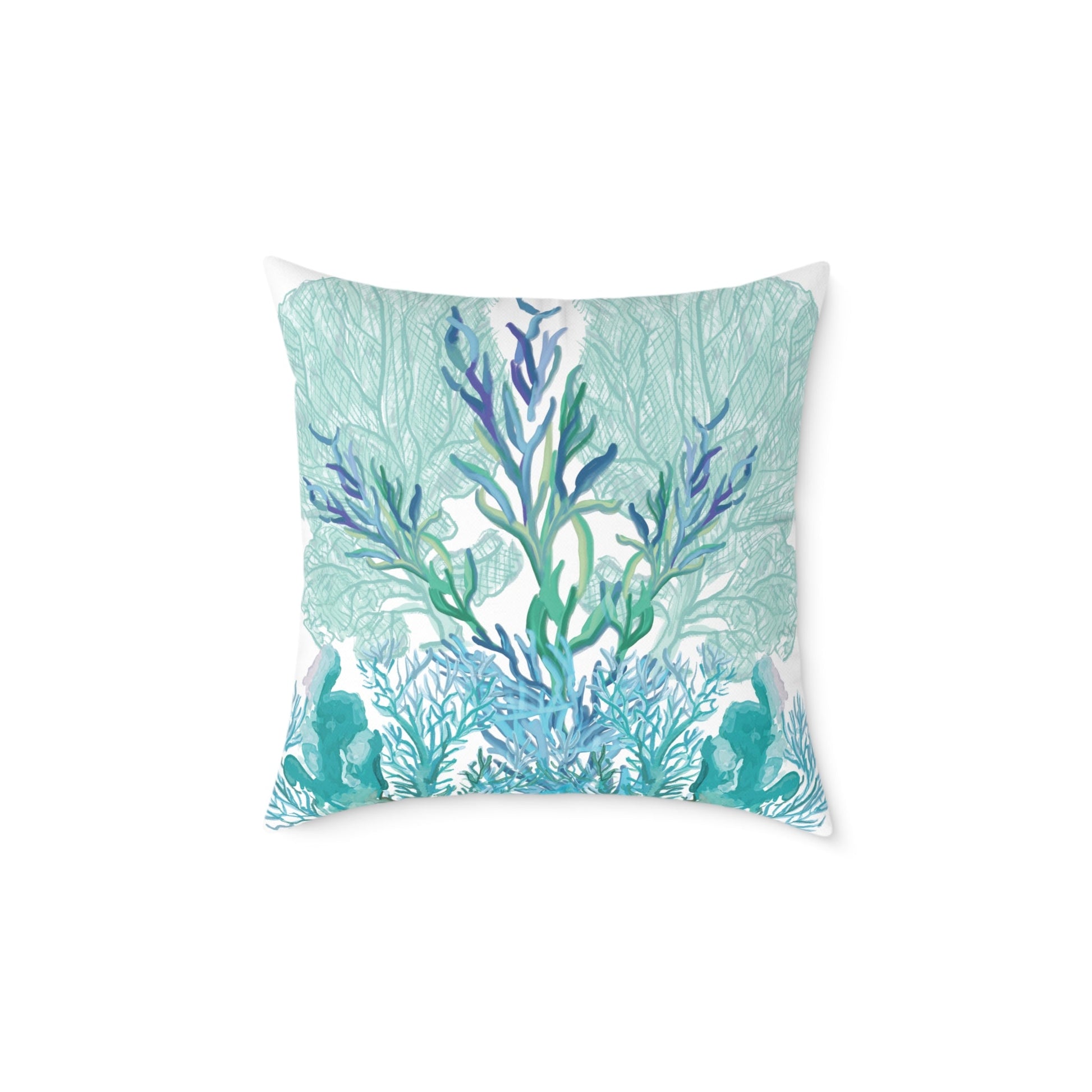 Coastal Coral Pillow - Ocean Inspired Square Poly Canvas Cushion - Blue Cava