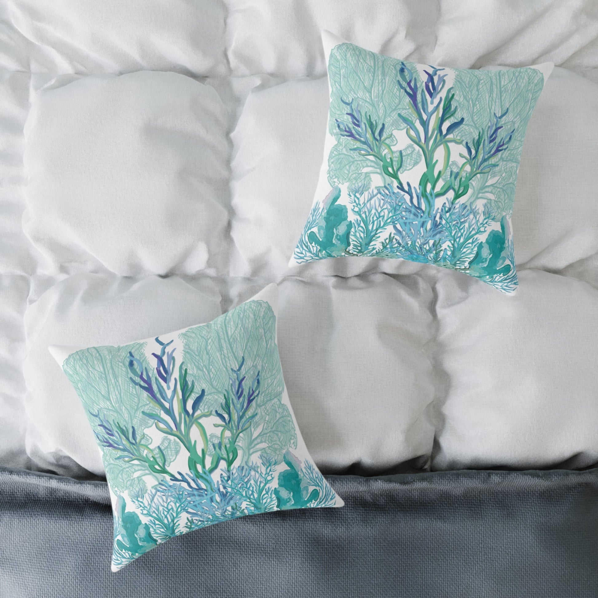Coastal Coral Pillow - Ocean Inspired Square Poly Canvas Cushion - Blue Cava