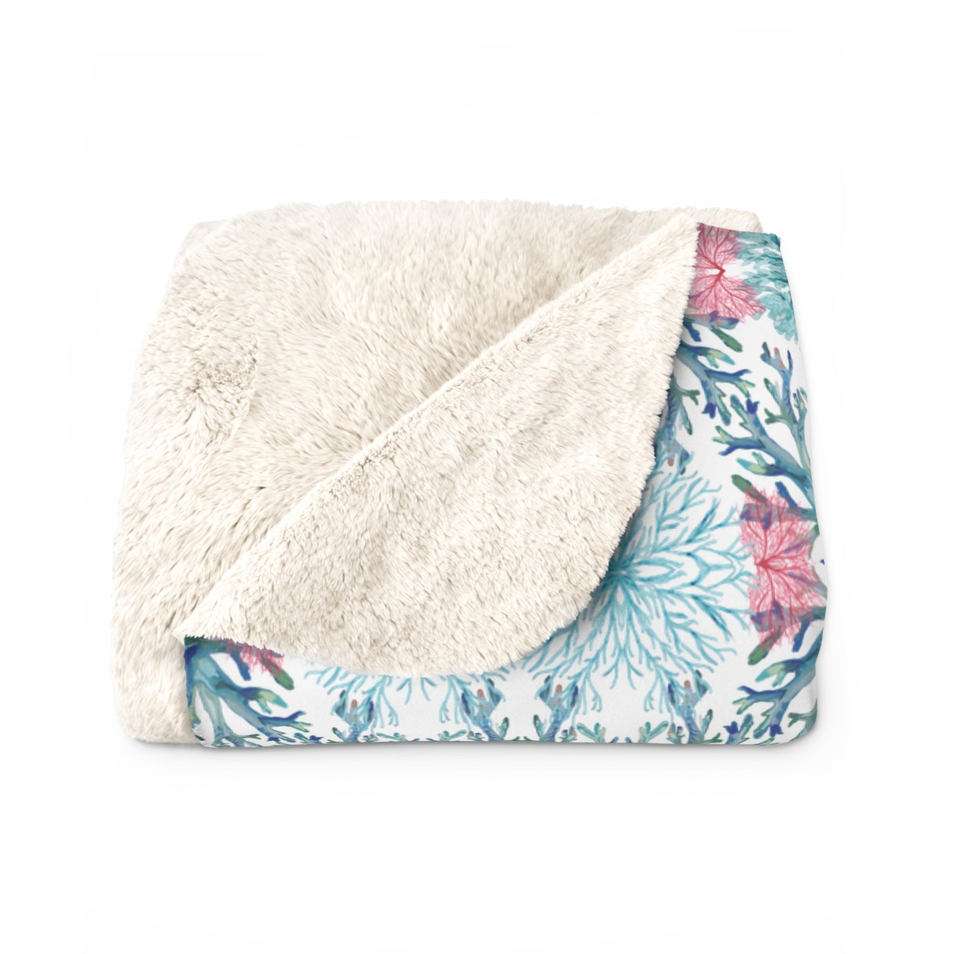 Coastal Coral Sherpa Fleece Blanket, Soft Plush Throw - Blue Cava