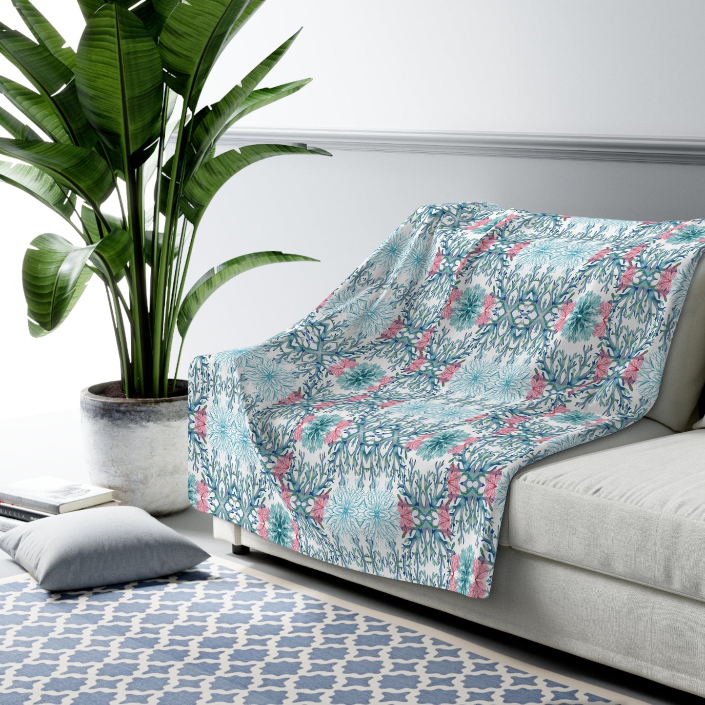 Coastal Coral Sherpa Fleece Blanket, Soft Plush Throw - Blue Cava