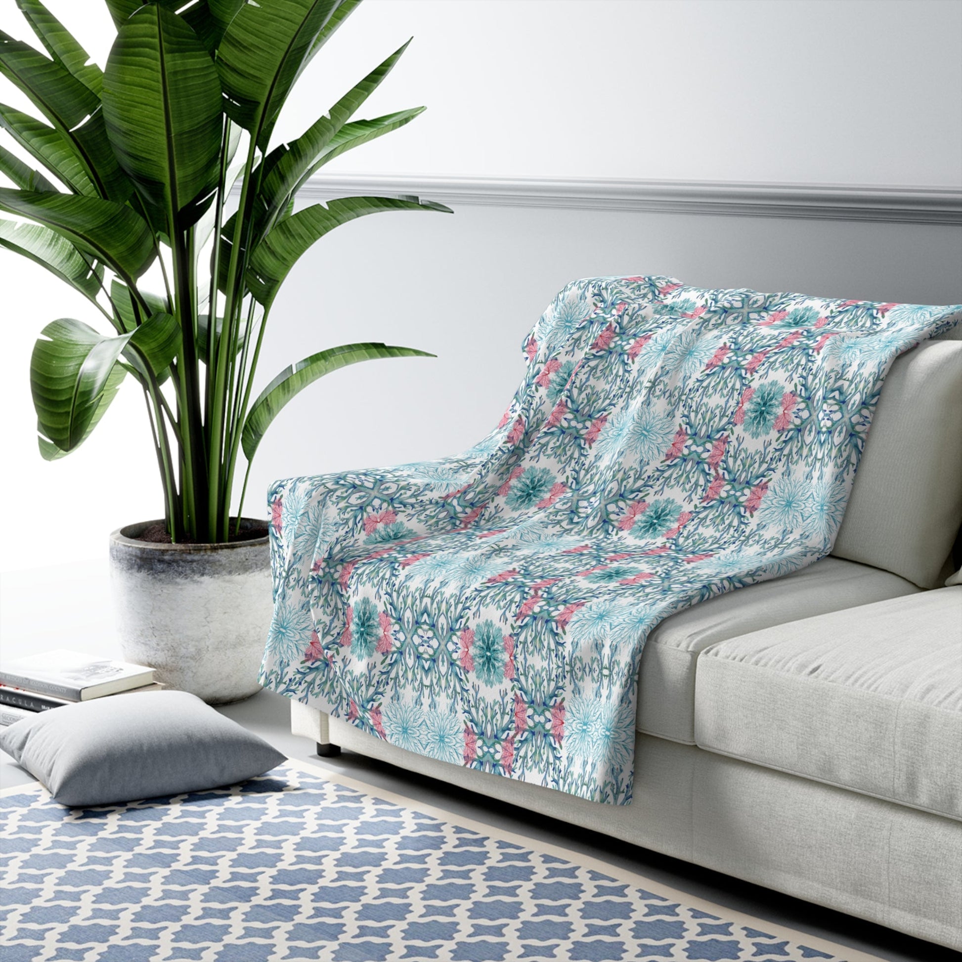 Coastal Coral Sherpa Fleece Blanket, Soft Plush Throw - Blue Cava