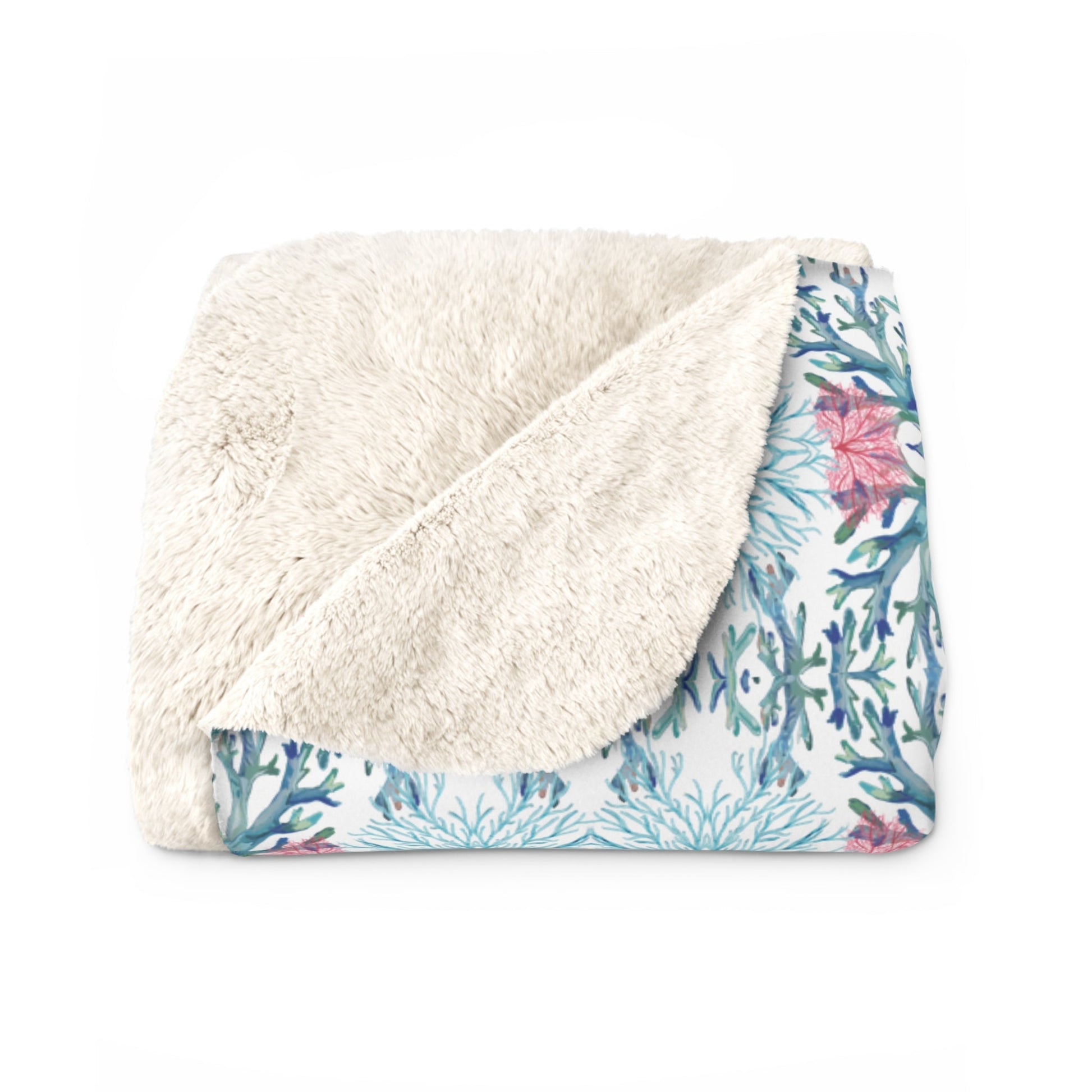 Coastal Coral Sherpa Fleece Blanket, Soft Plush Throw - Blue Cava