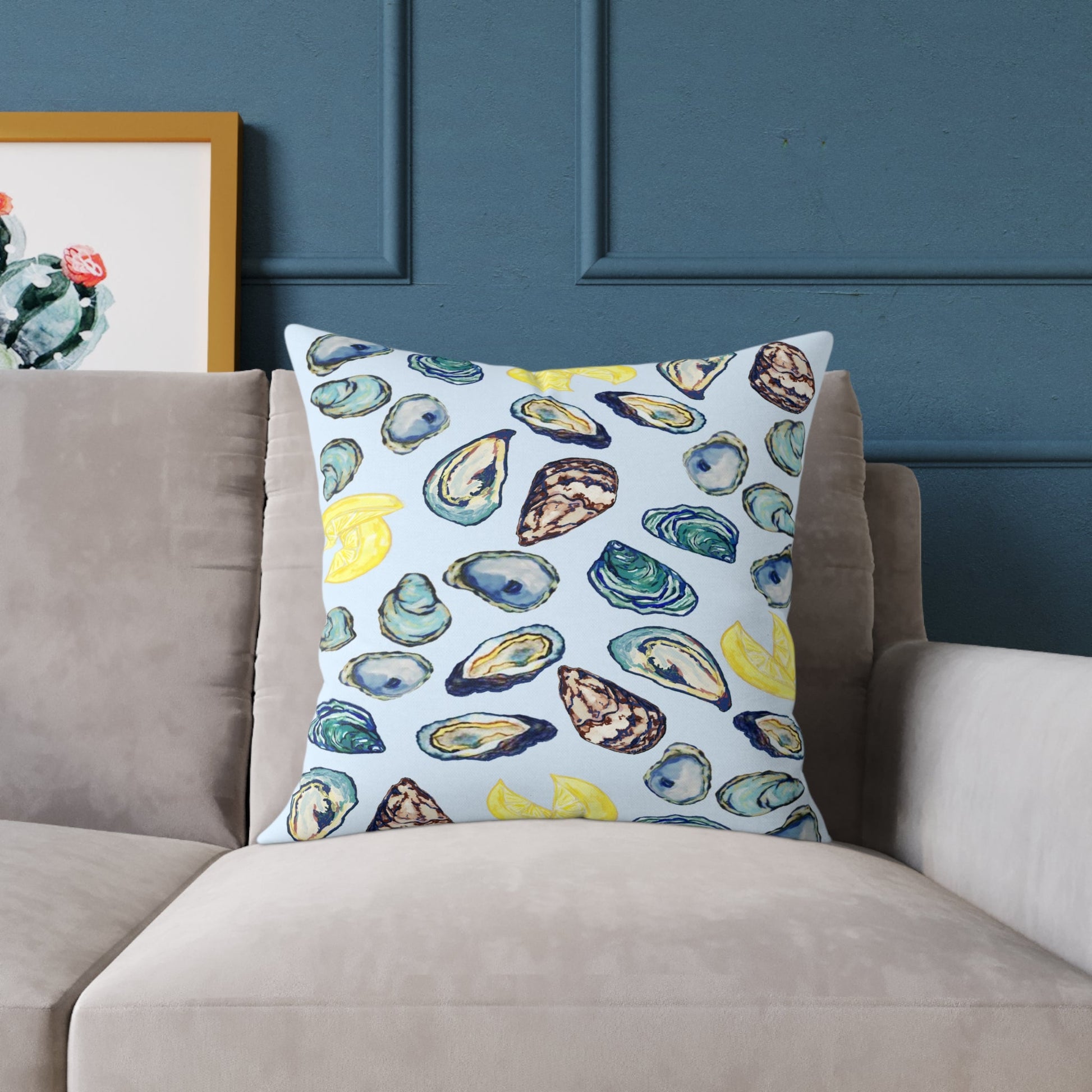 Coastal Oyster Print Pillow - Decorative Square Pillow - Blue Cava