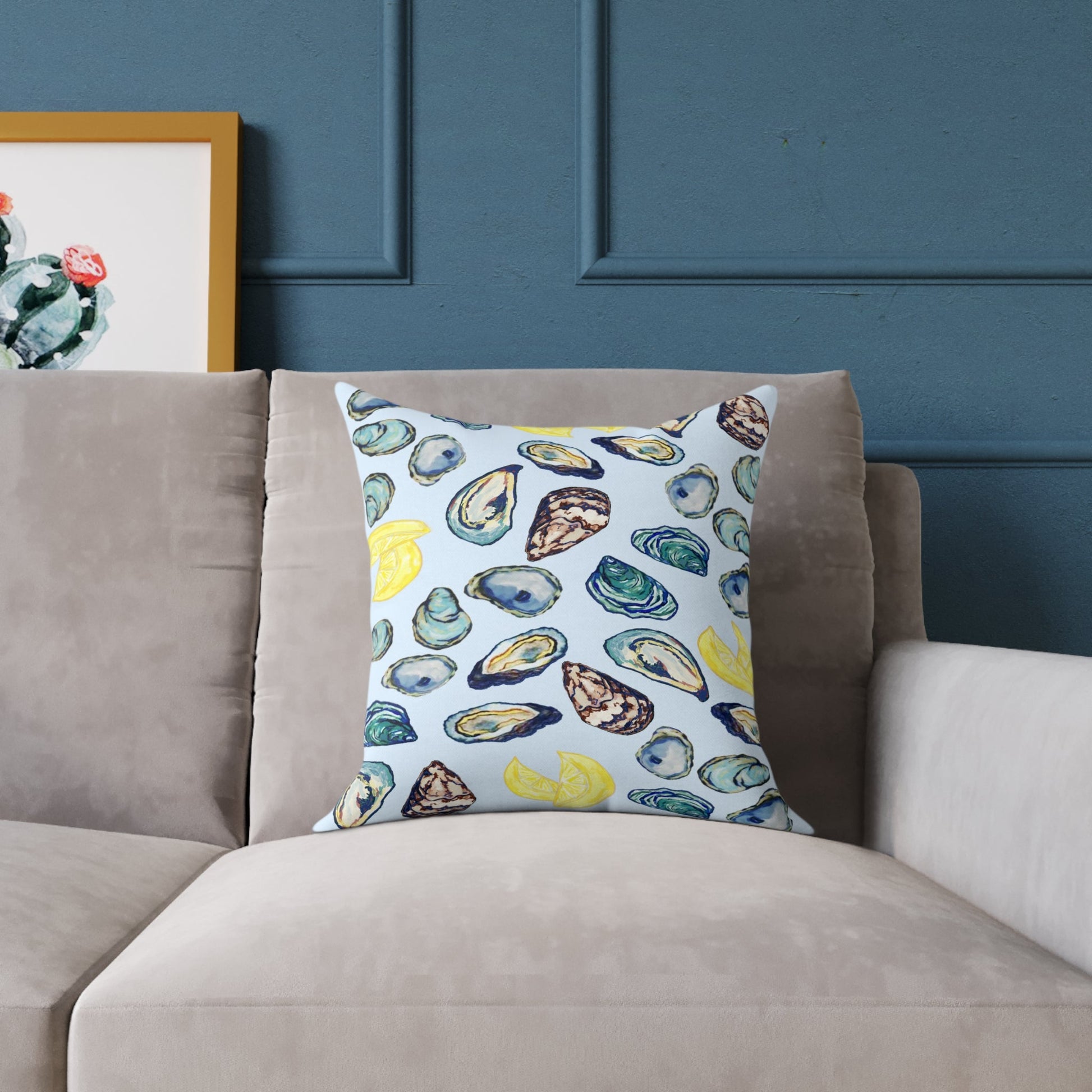 Coastal Oyster Print Pillow - Decorative Square Pillow - Blue Cava