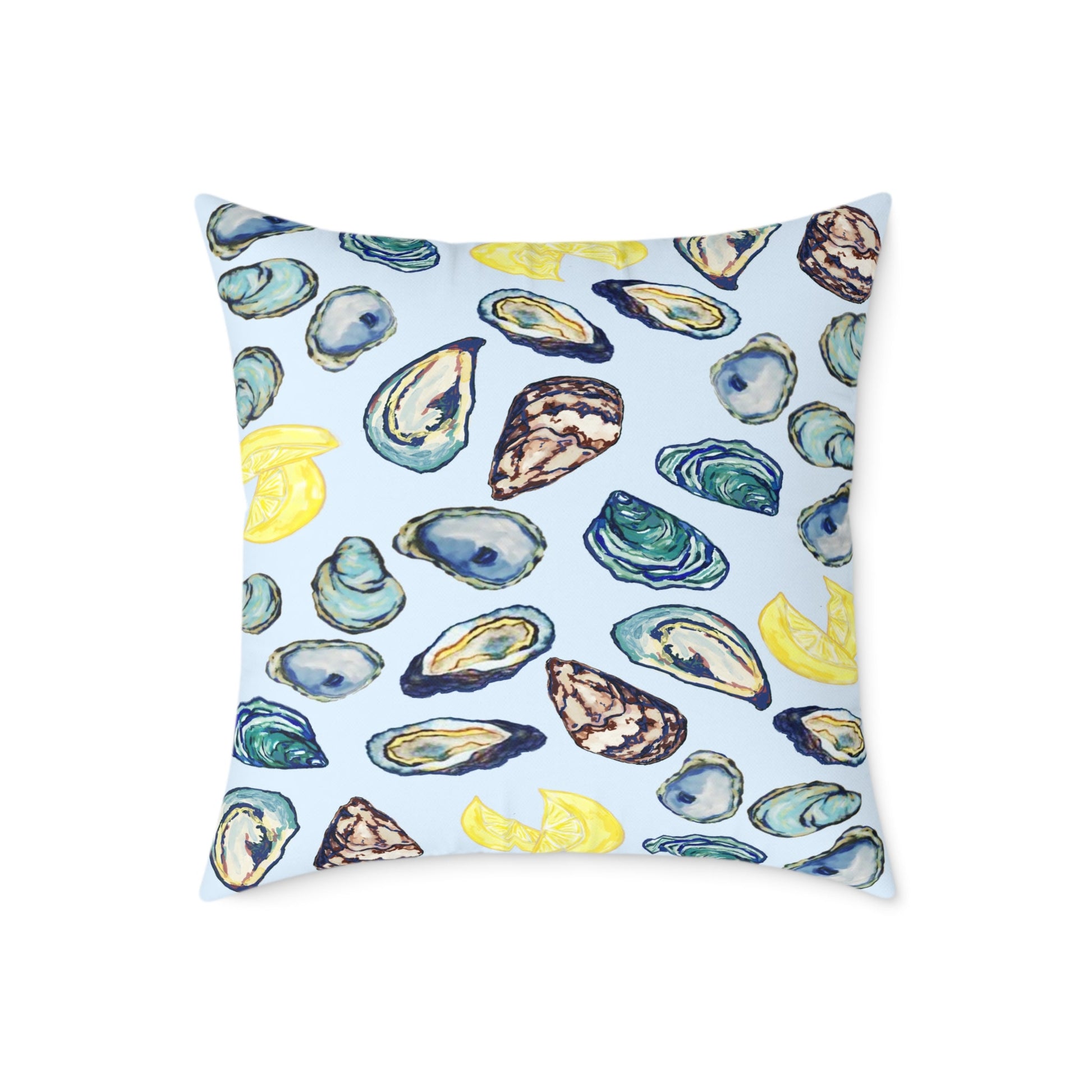 Coastal Oyster Print Pillow - Decorative Square Pillow - Blue Cava