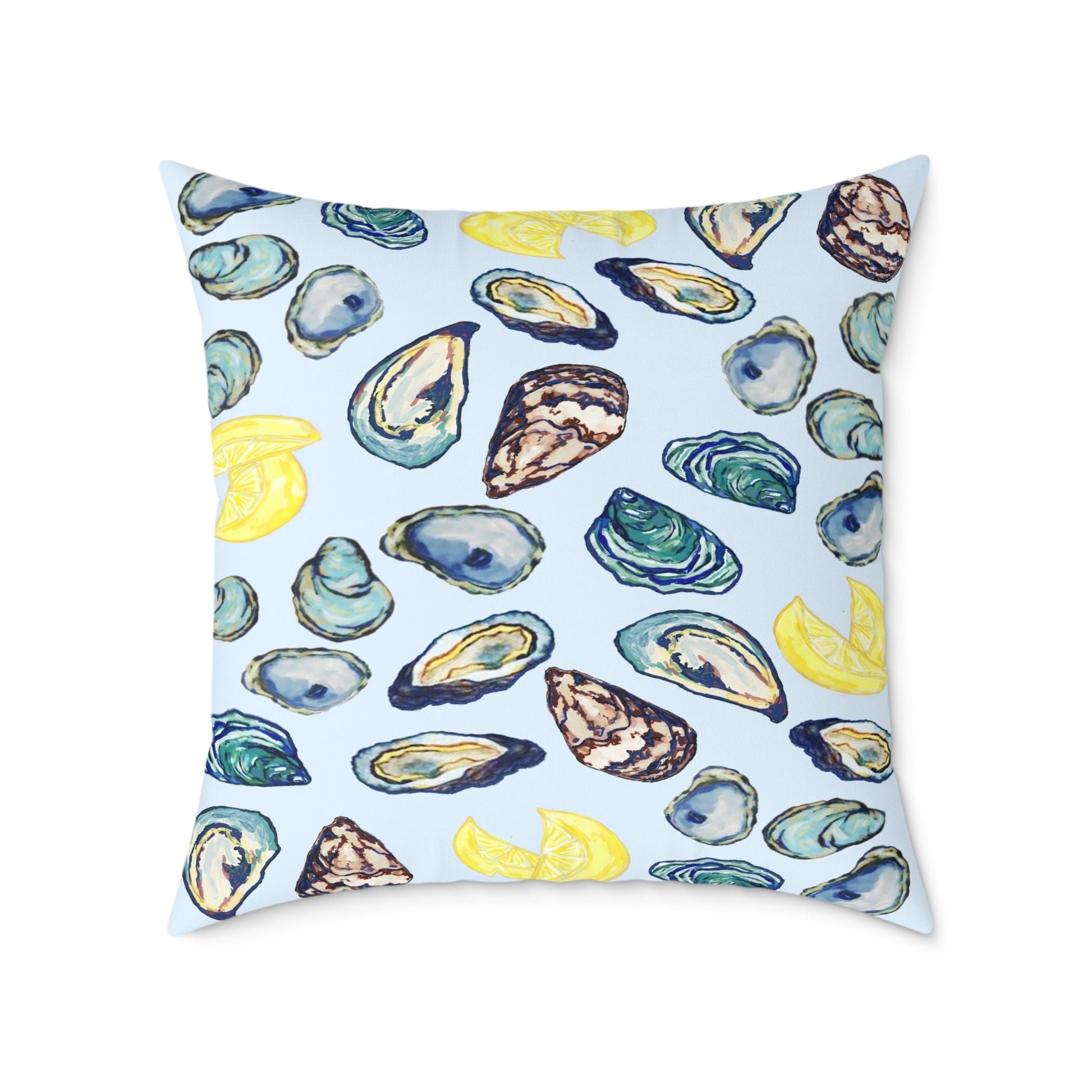 Coastal Oyster Print Pillow - Decorative Square Pillow - Blue Cava