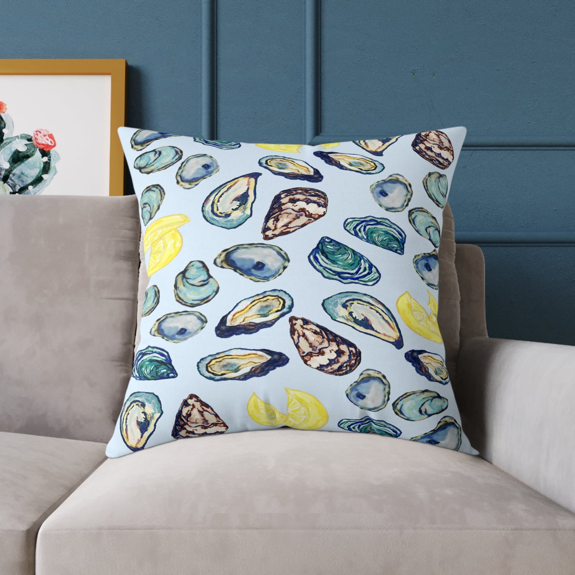 Coastal Oyster Print Pillow - Decorative Square Pillow - Blue Cava