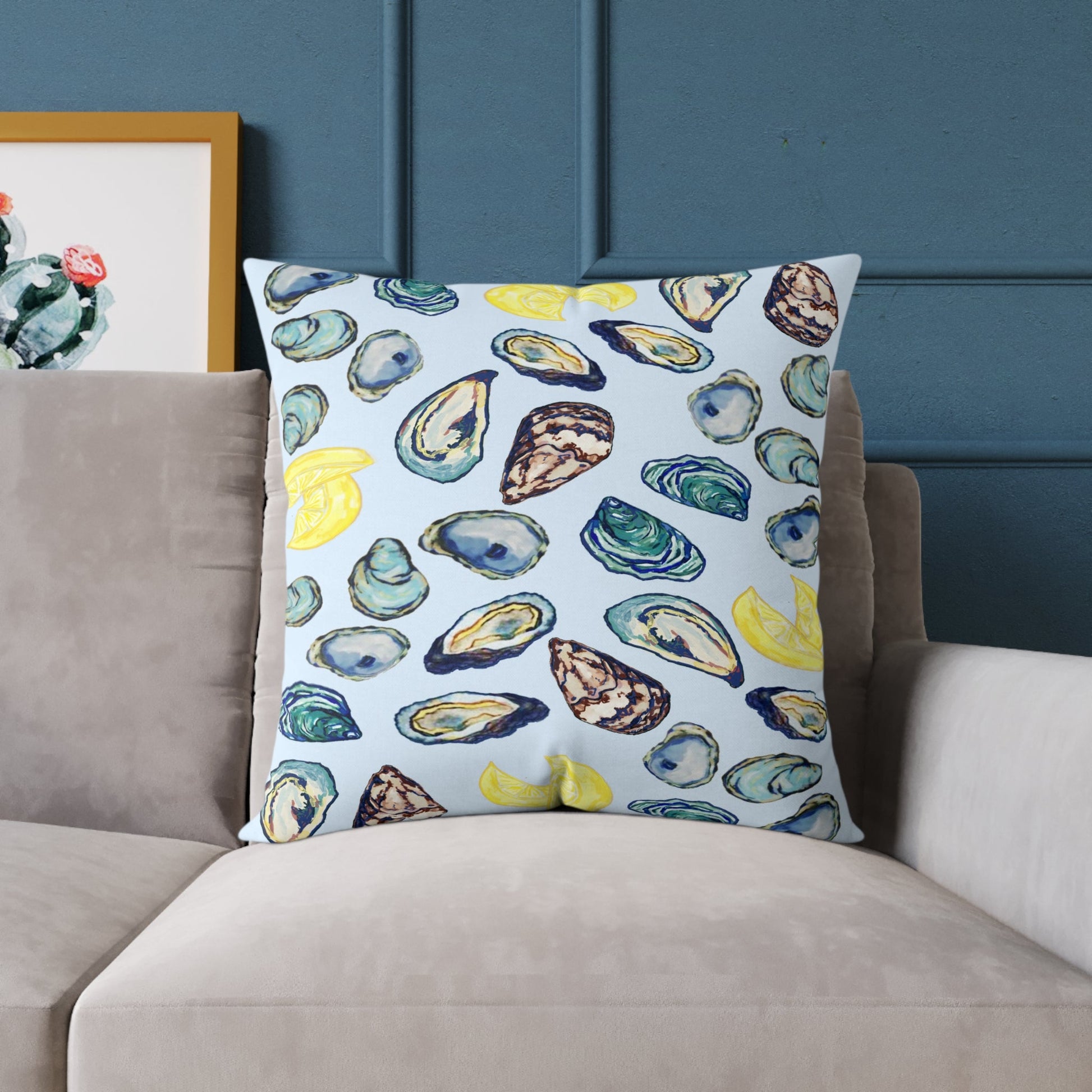 Coastal Oyster Print Pillow - Decorative Square Pillow - Blue Cava
