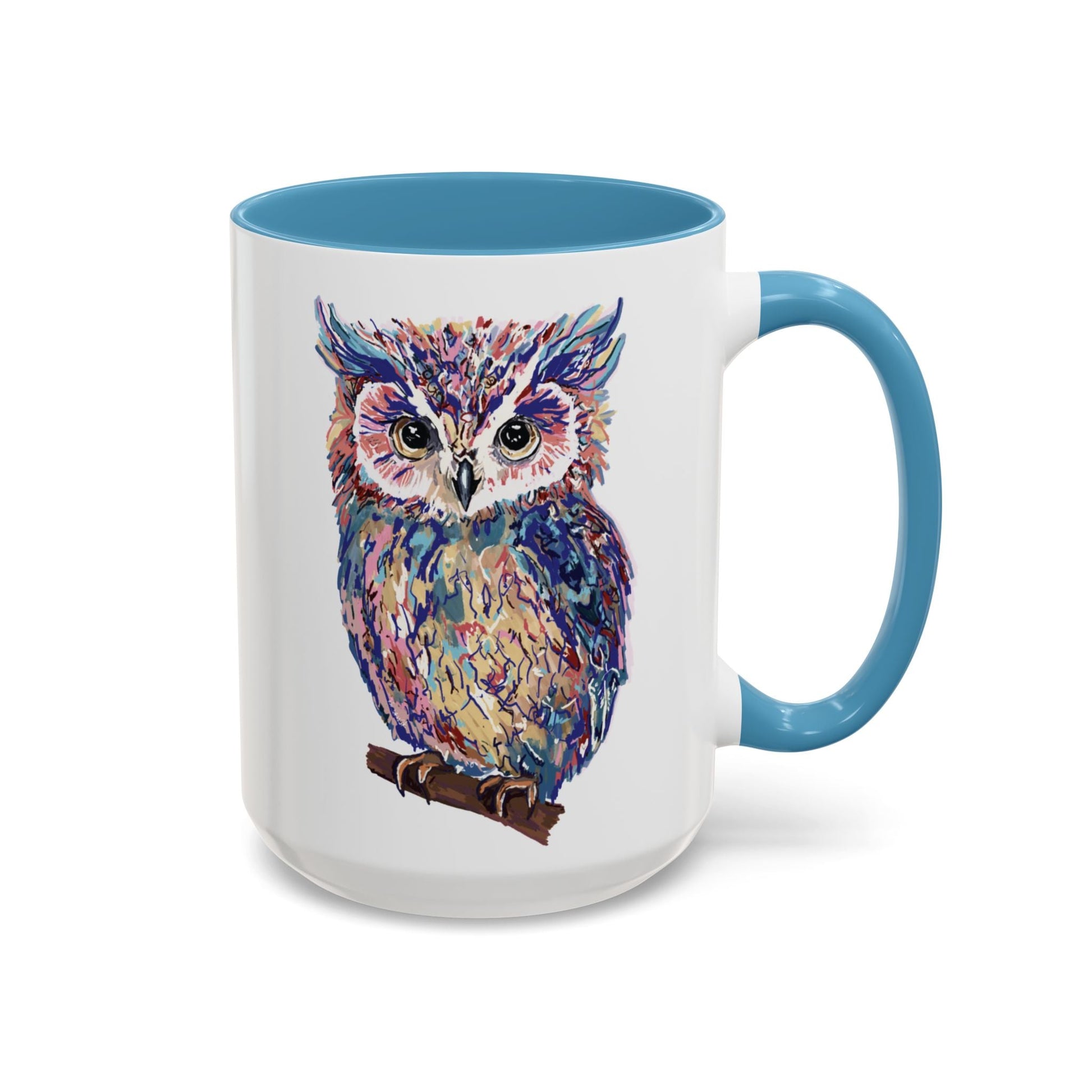 Colorful Owl Accent Coffee Mug - Unique 11oz & 15oz Gift for Nature Lovers - Blue Cava