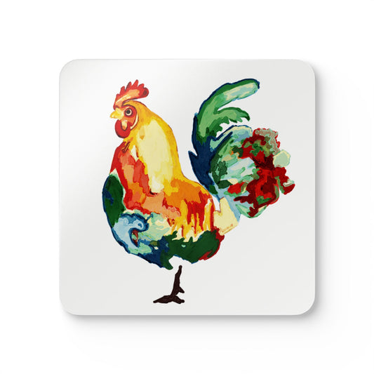 Colorful Rooster Corkwood Coaster Set - Rustic Kitchen Decor - Blue Cava